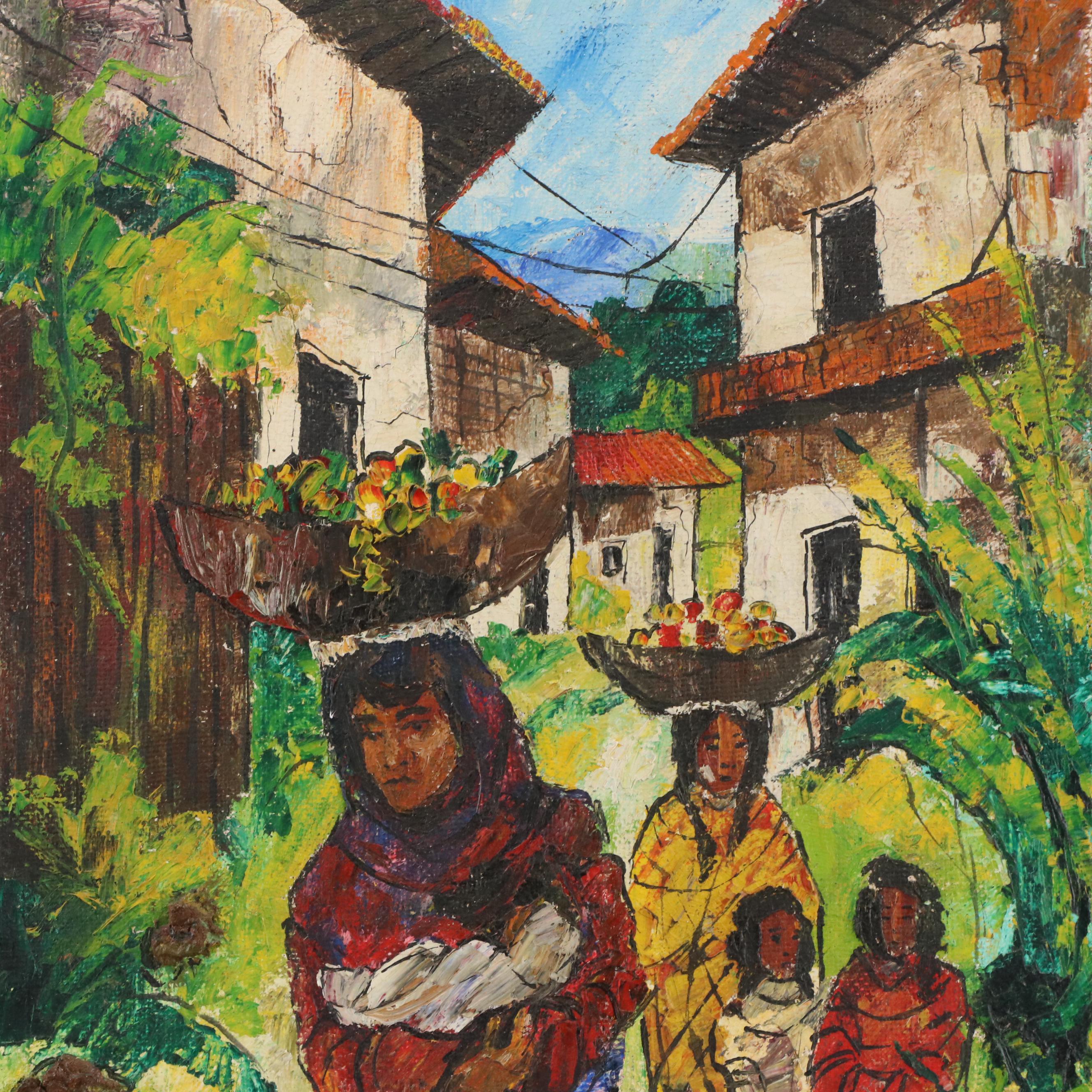 Maury Flores Gómez Stylized Acrylic Painting of Honduran Market Scene, 1972