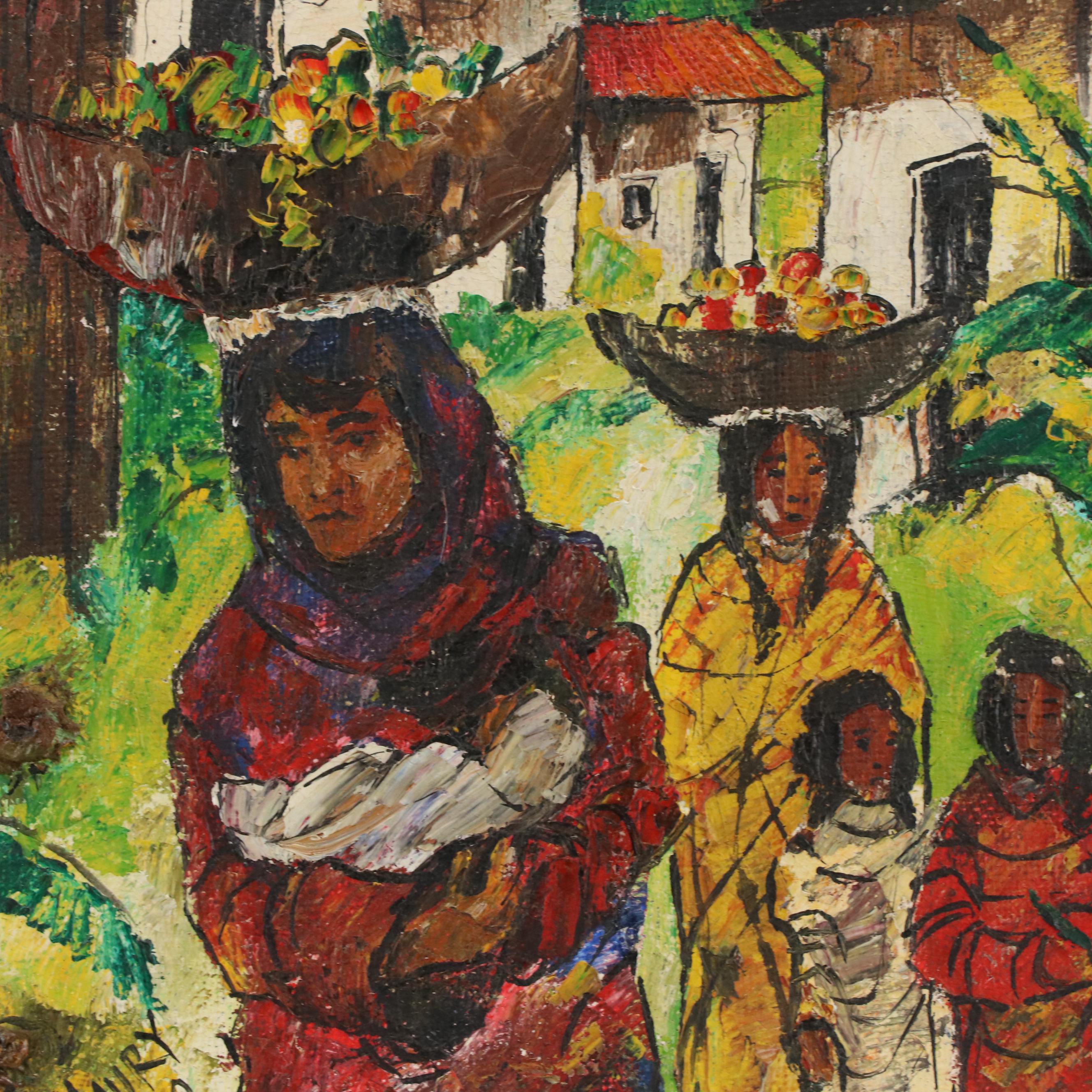Maury Flores Gómez Stylized Acrylic Painting of Honduran Market Scene, 1972
