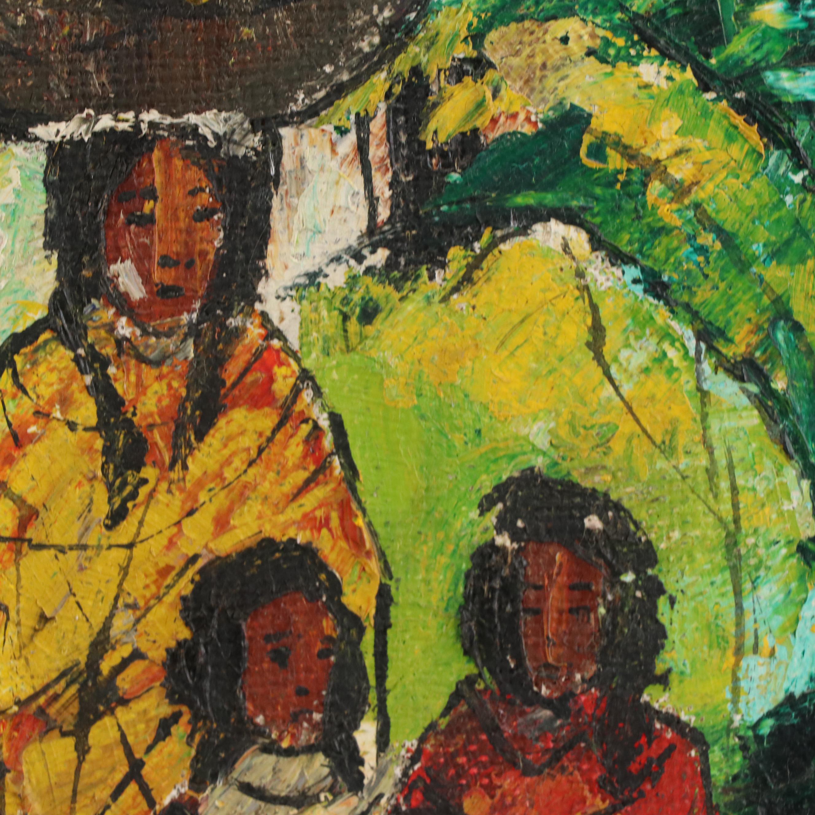 Maury Flores Gómez Stylized Acrylic Painting of Honduran Market Scene, 1972