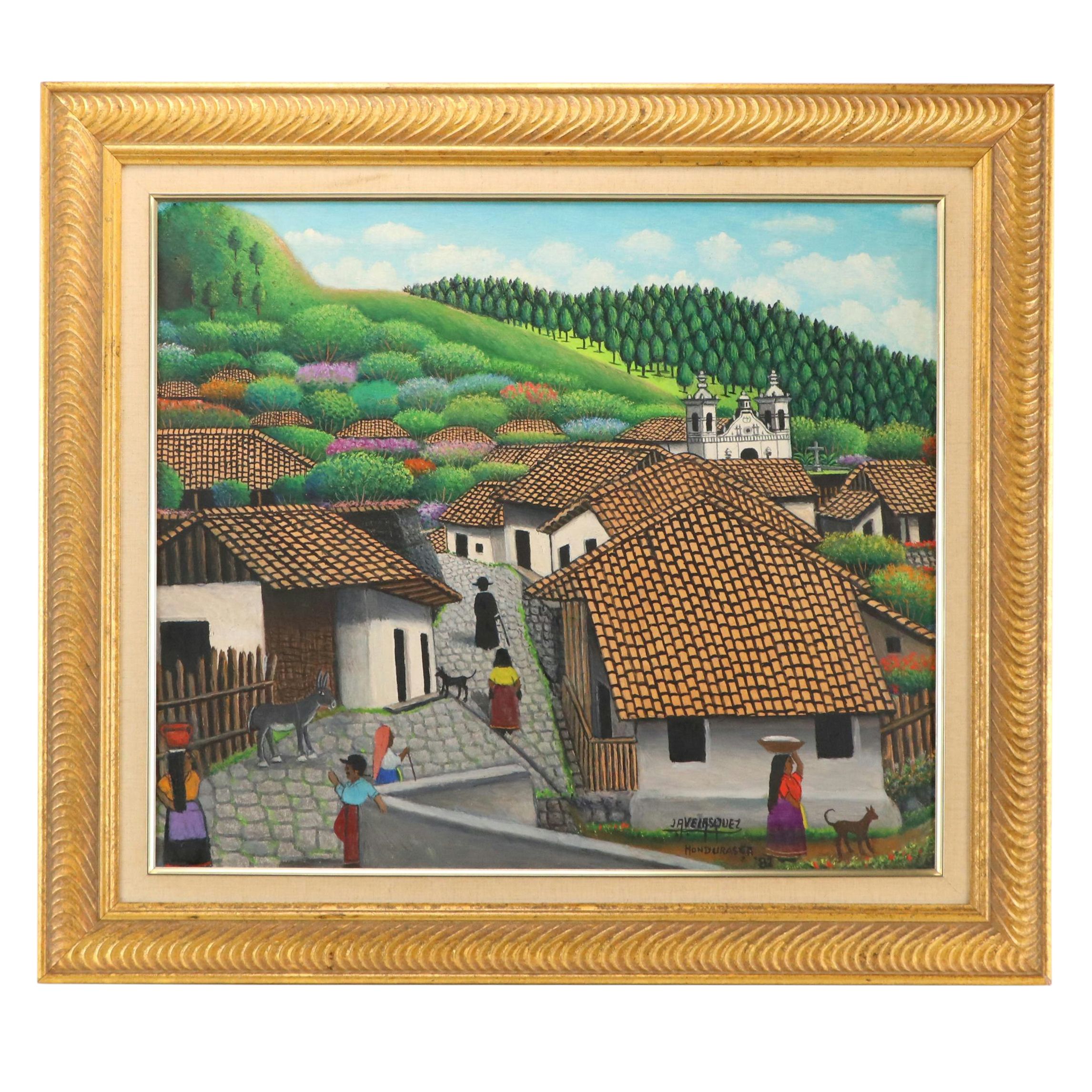 José Antonio Velásquez Primitivist Acrylic Painting of Honduran Townscape, 1982