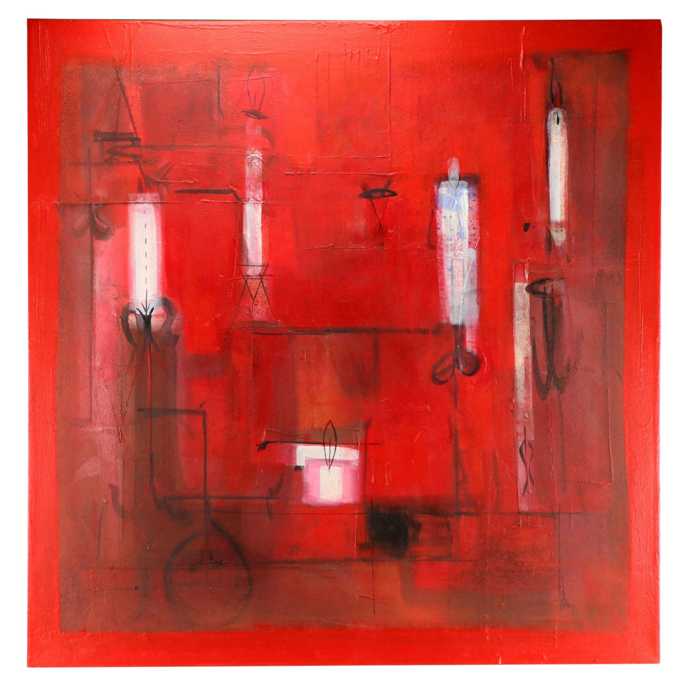 Antonio Carreño Abstract Modernist Mixed Media Painting "Rojo Magico," 2002