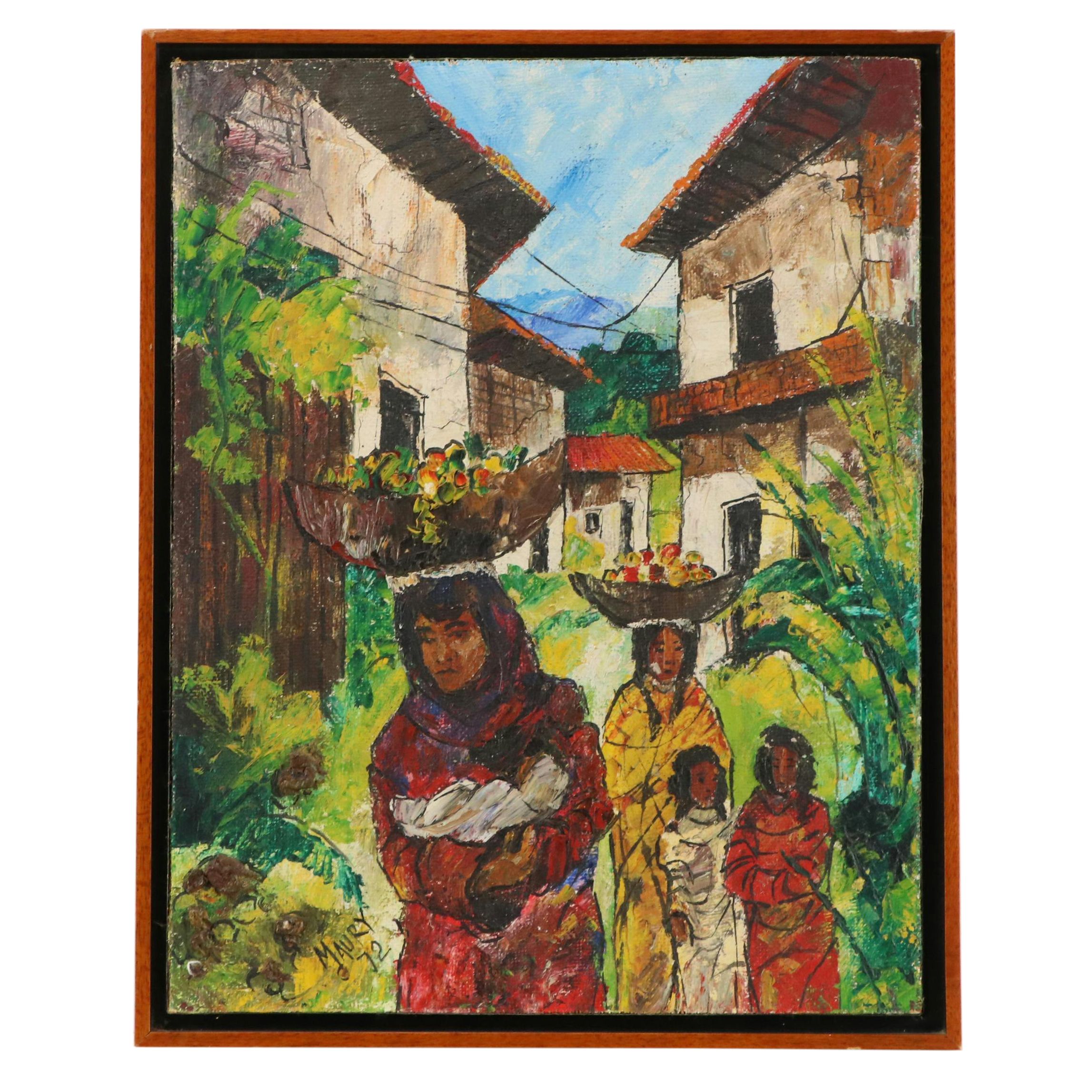 Maury Flores Gómez Stylized Acrylic Painting of Honduran Market Scene, 1972