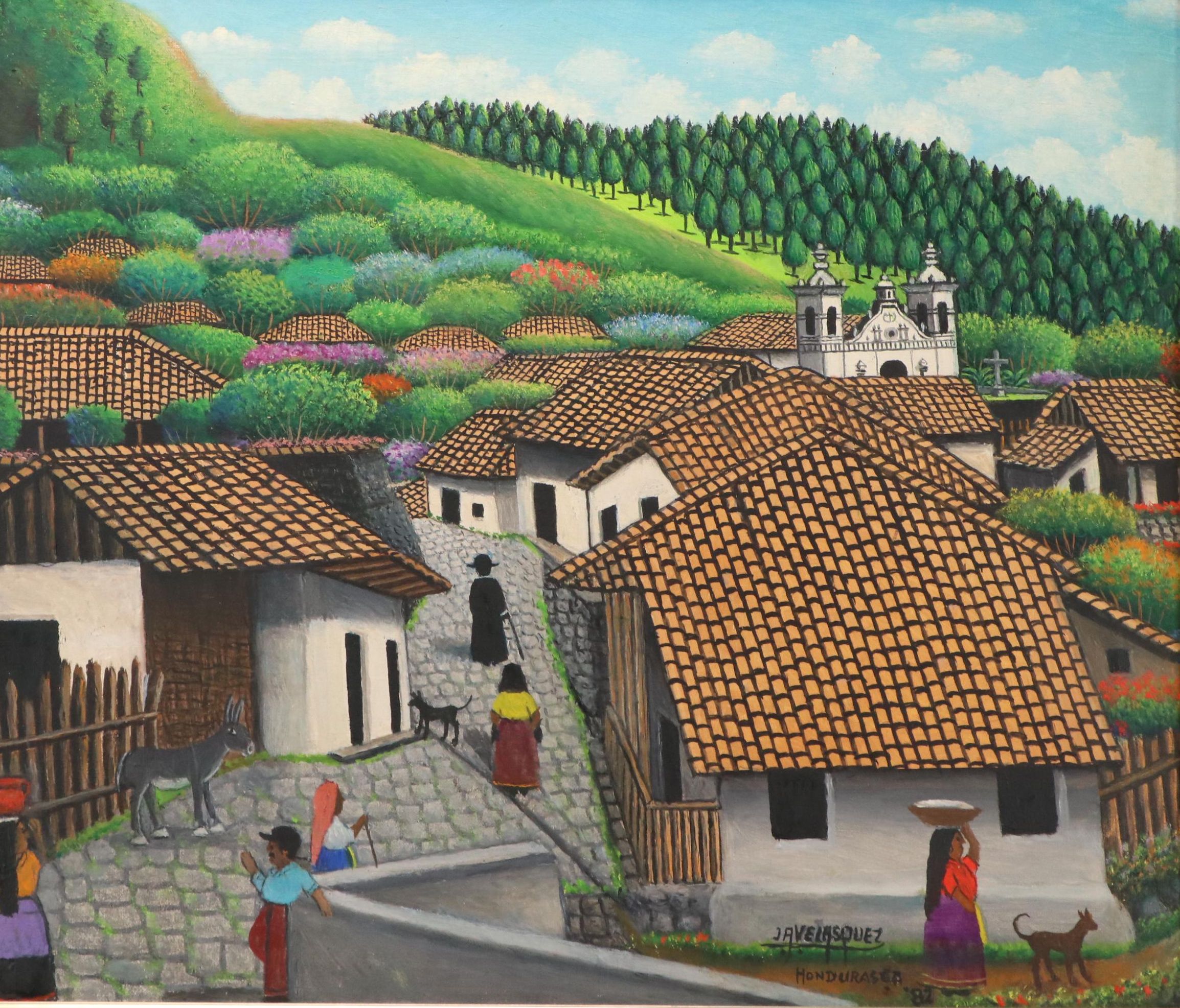 José Antonio Velásquez Primitivist Acrylic Painting of Honduran Townscape, 1982