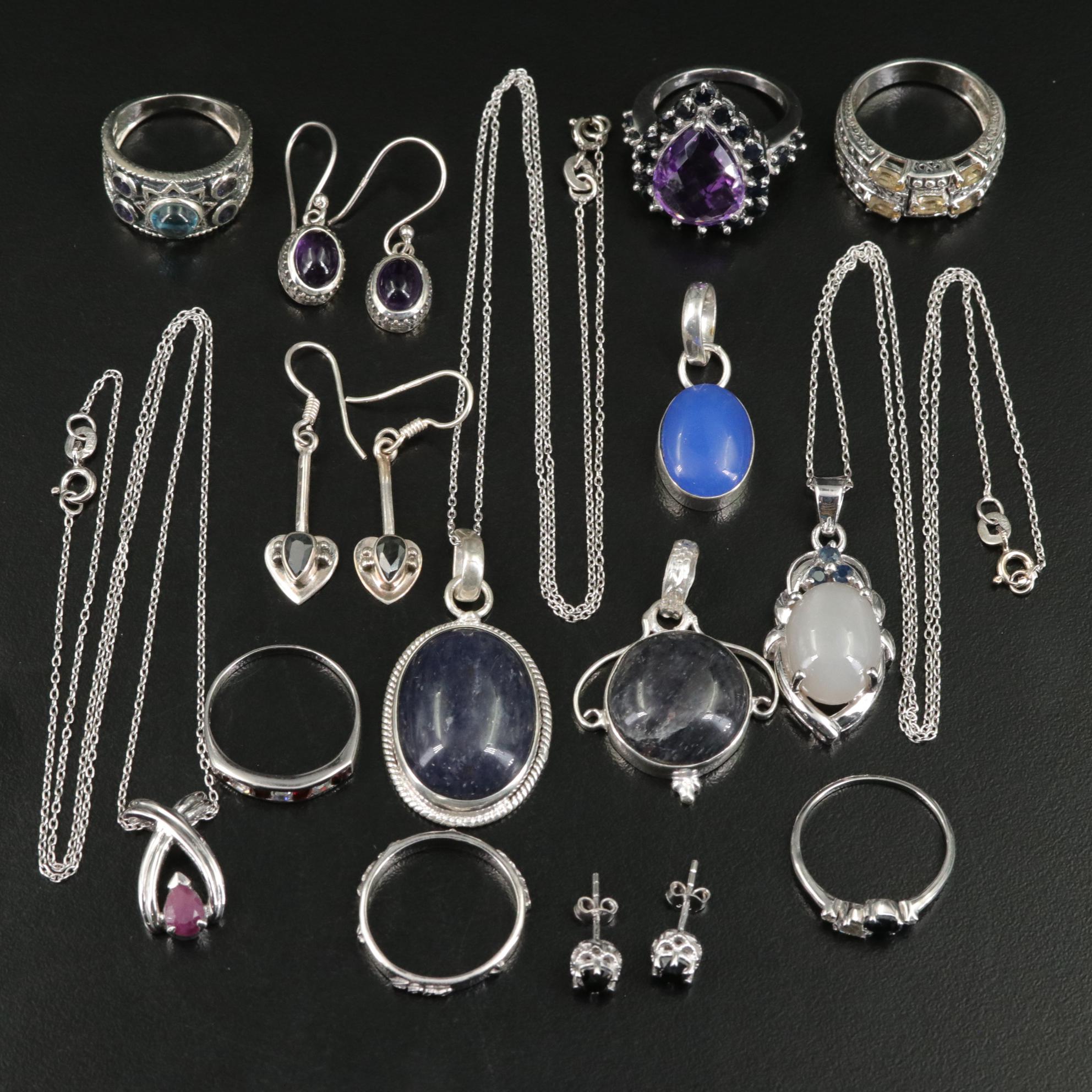 Group of 14 Assorted Sterling Silver Rings, Necklaces, Earrings, and Pendants
