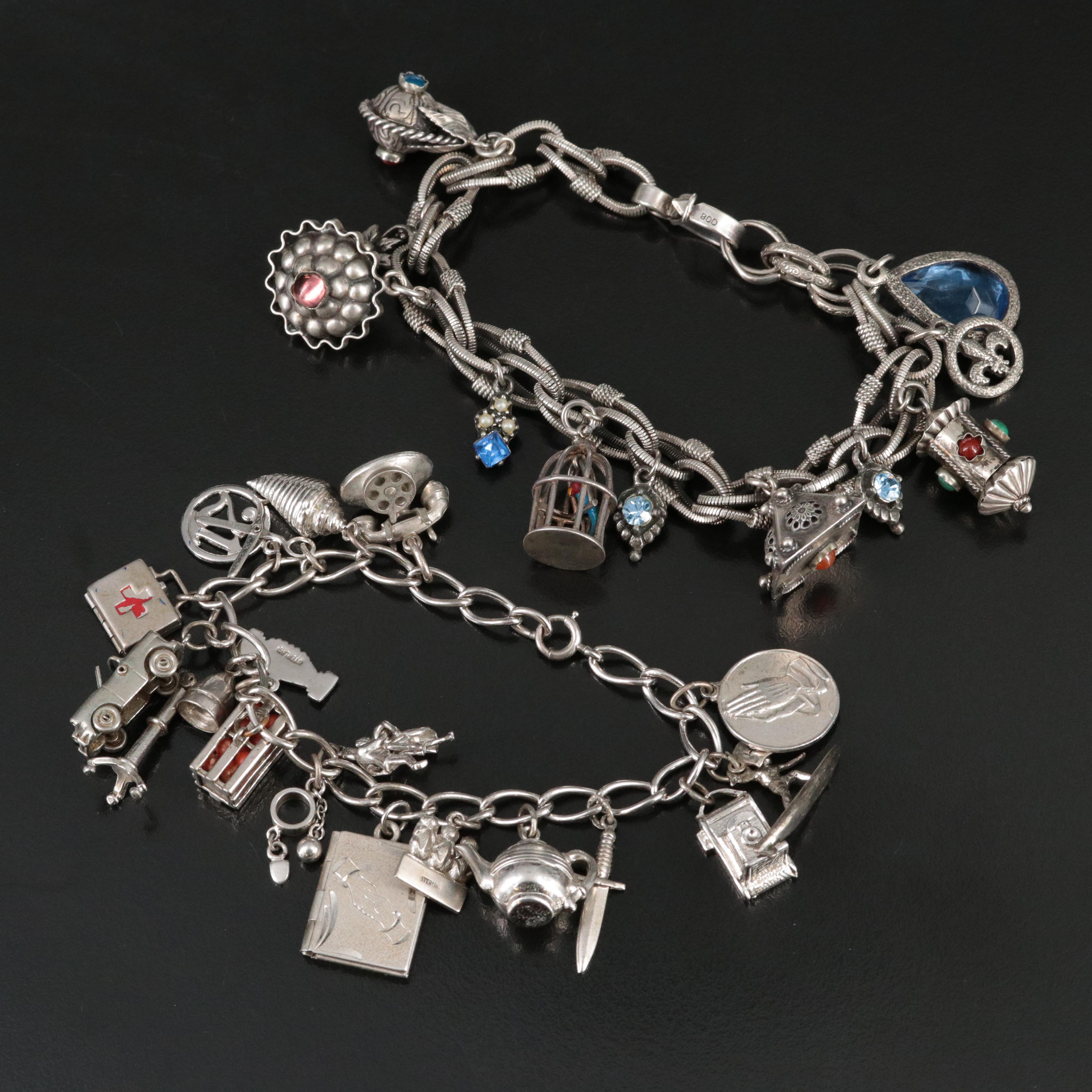 Vintage Charm Bracelets including Sterling, 800 Silver and Carnelian