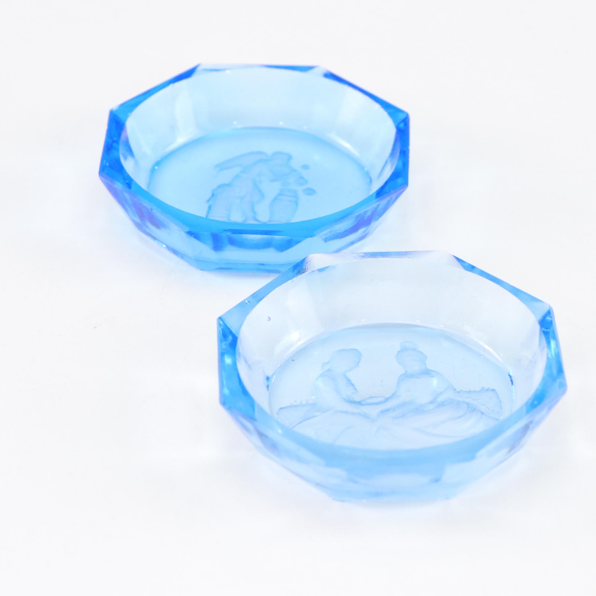 Czech Intaglio Cerulean Cut Glass Salt Cellars