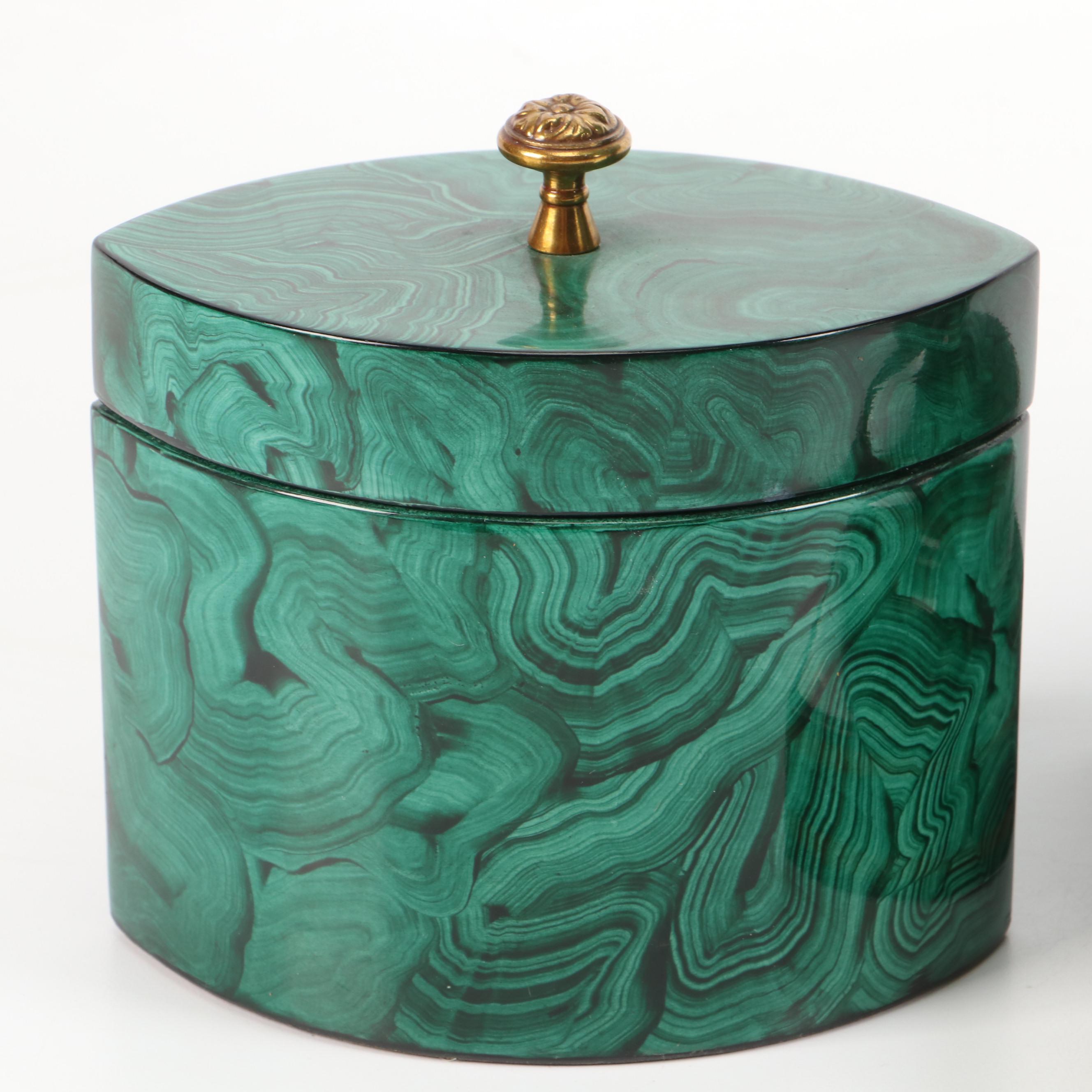 Japanese Kotobuki Ceramic Vase with Faux Malachite Metal Urn and Composite Box