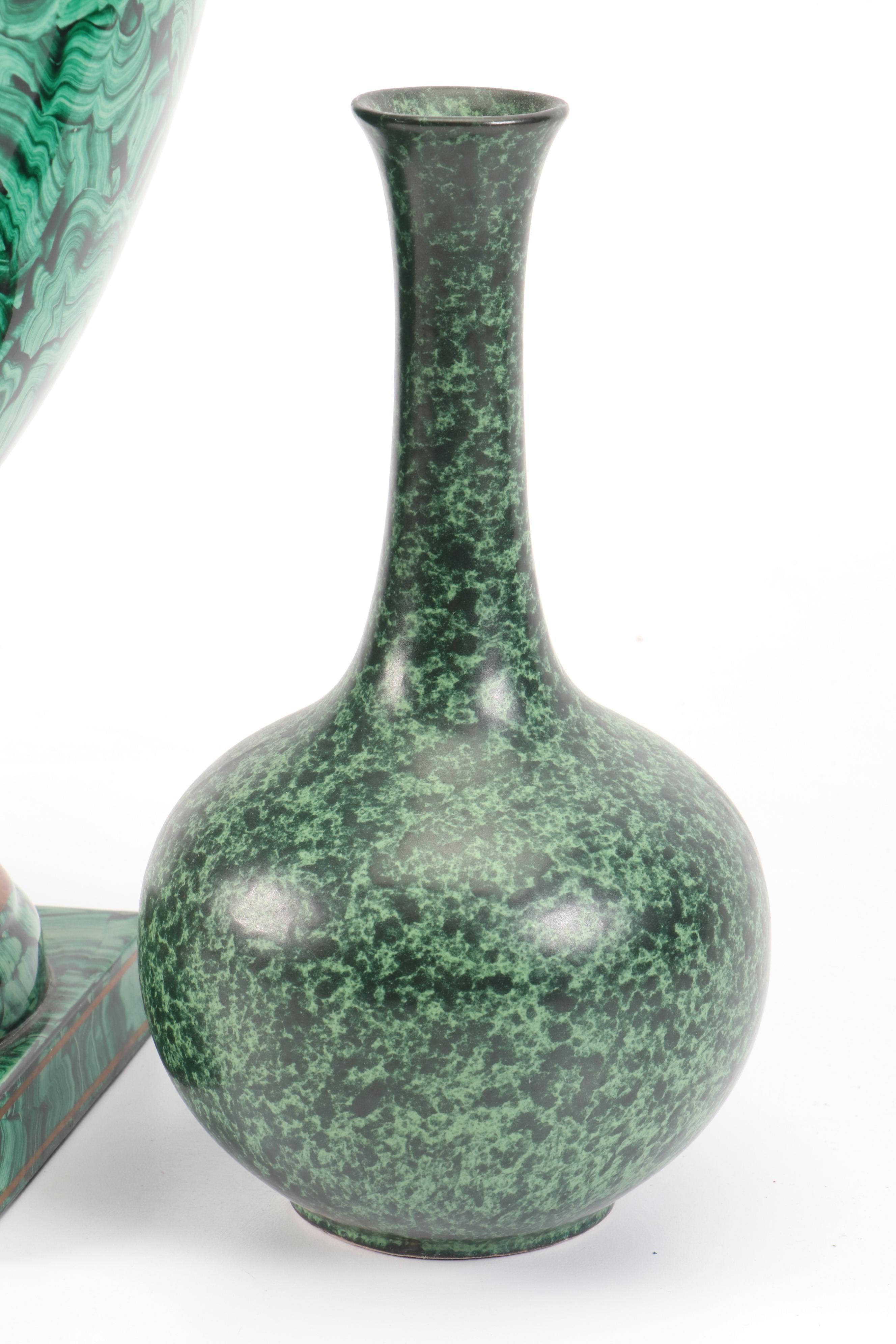 Japanese Kotobuki Ceramic Vase with Faux Malachite Metal Urn and Composite Box