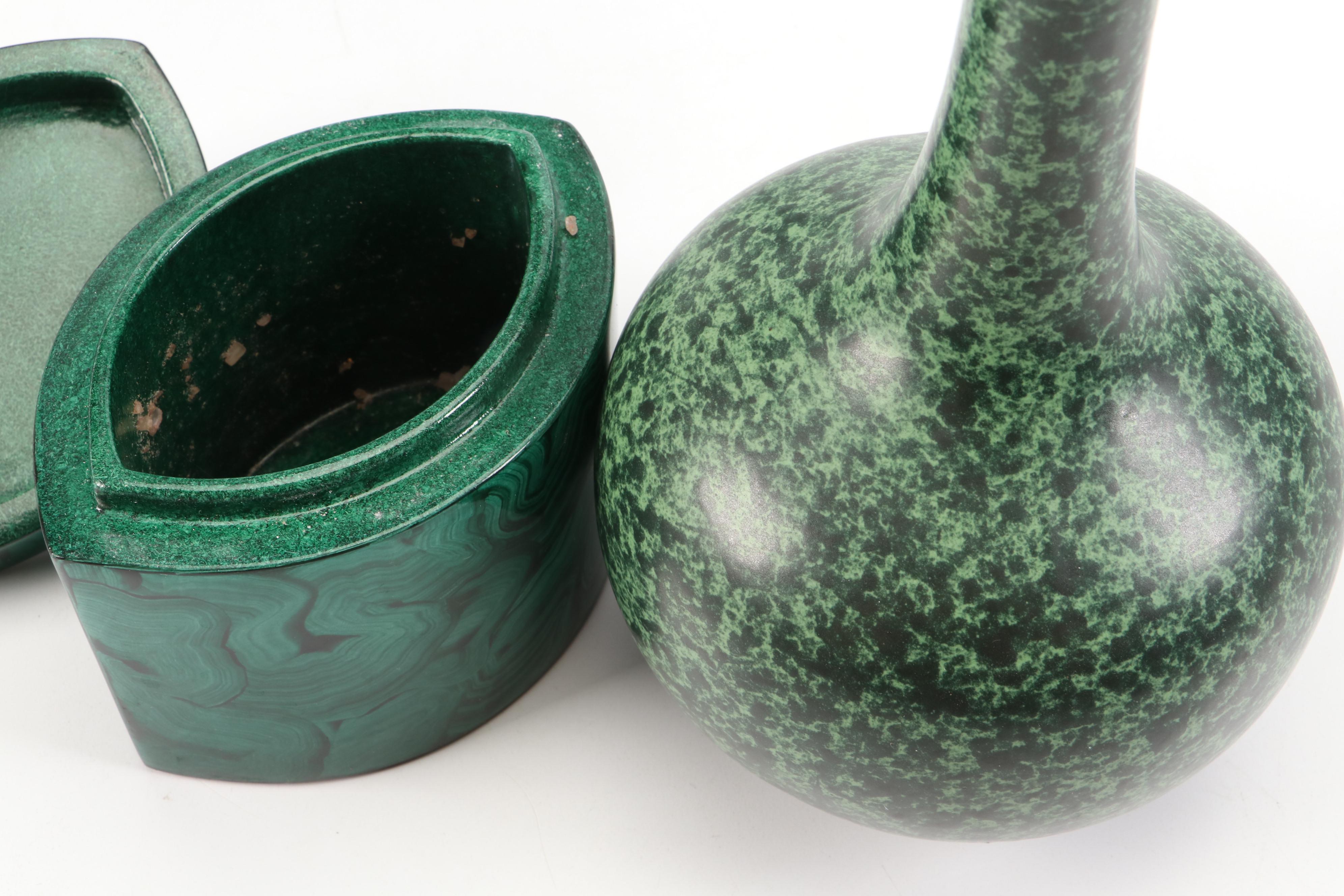 Japanese Kotobuki Ceramic Vase with Faux Malachite Metal Urn and Composite Box