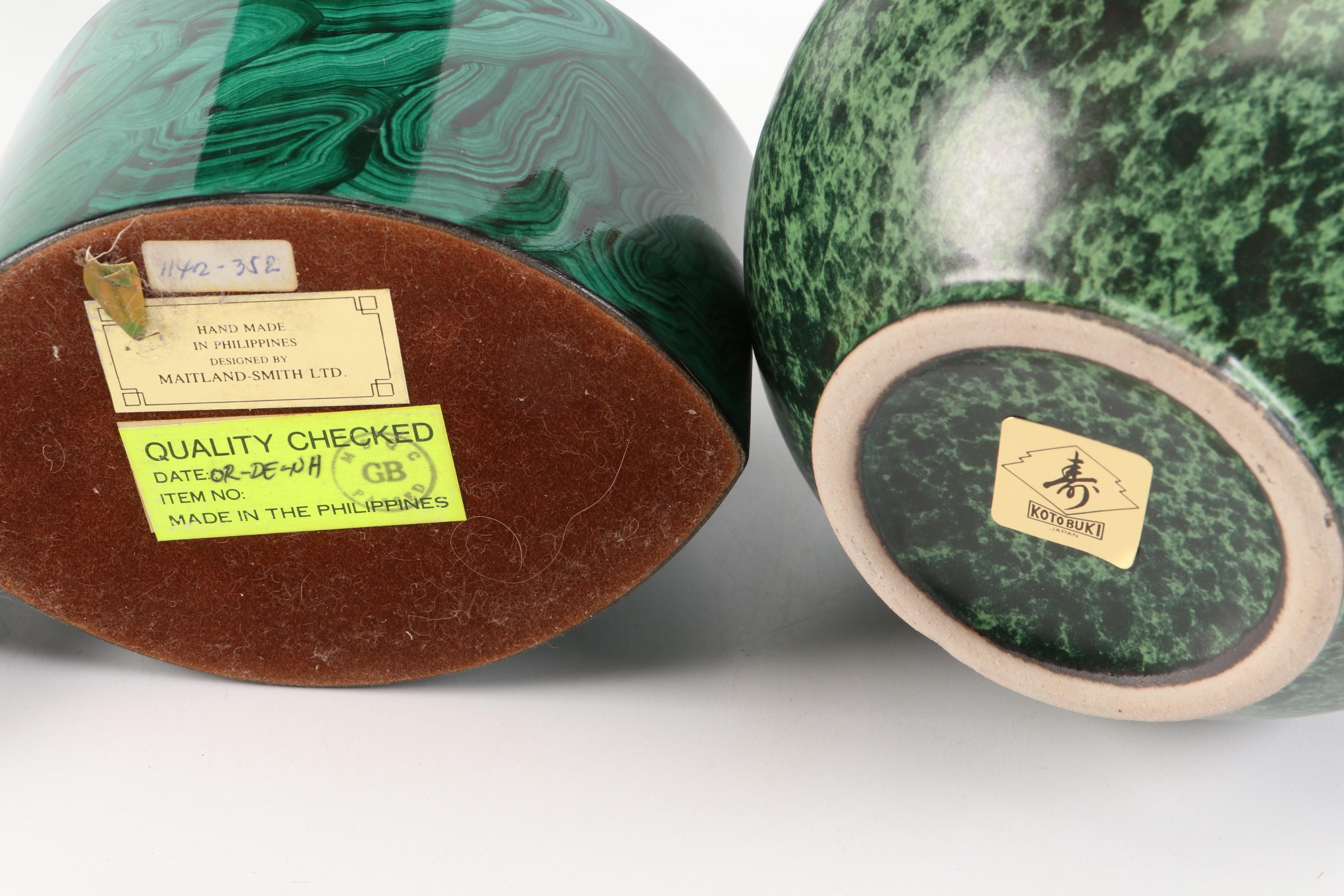 Japanese Kotobuki Ceramic Vase with Faux Malachite Metal Urn and Composite Box