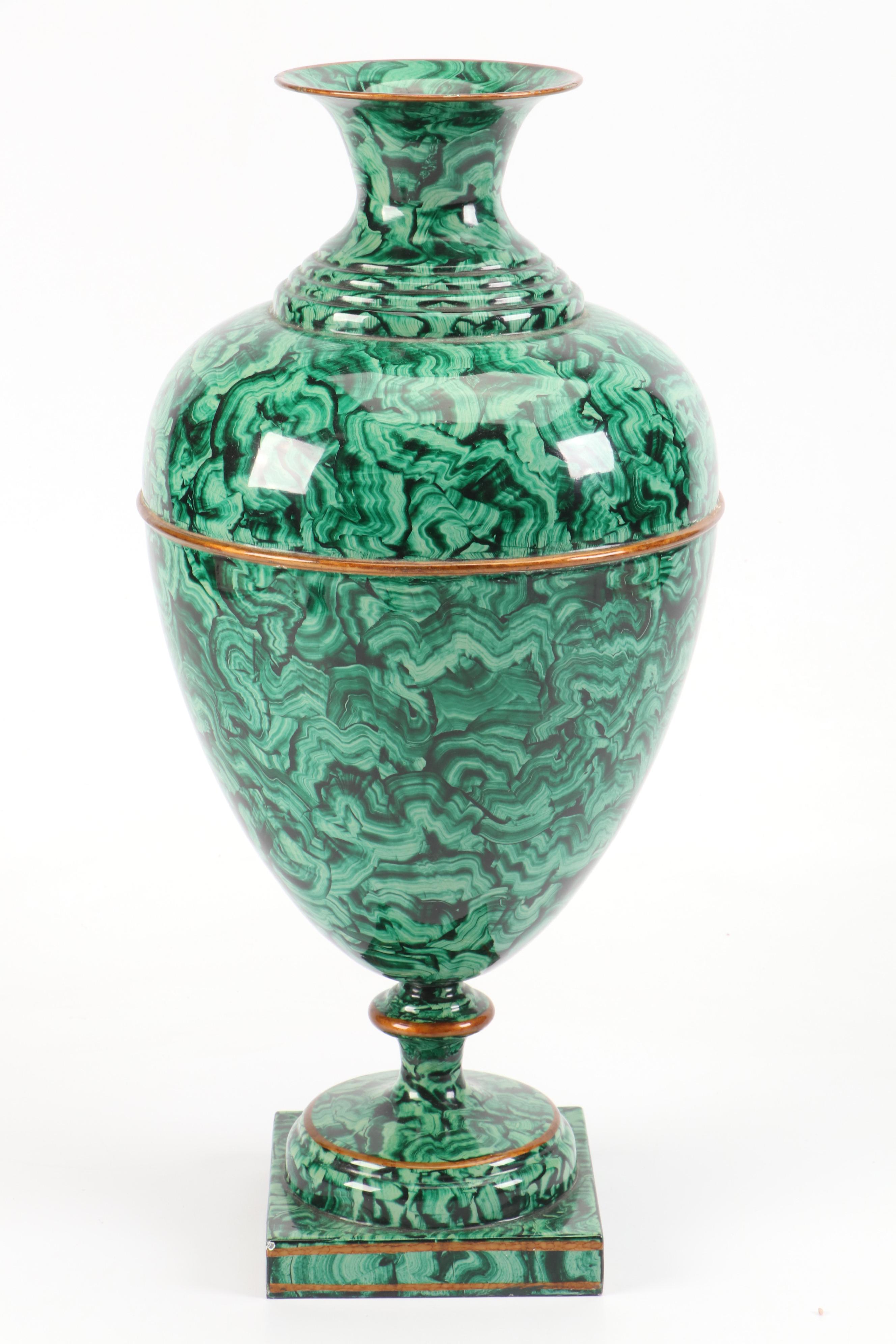 Japanese Kotobuki Ceramic Vase with Faux Malachite Metal Urn and Composite Box