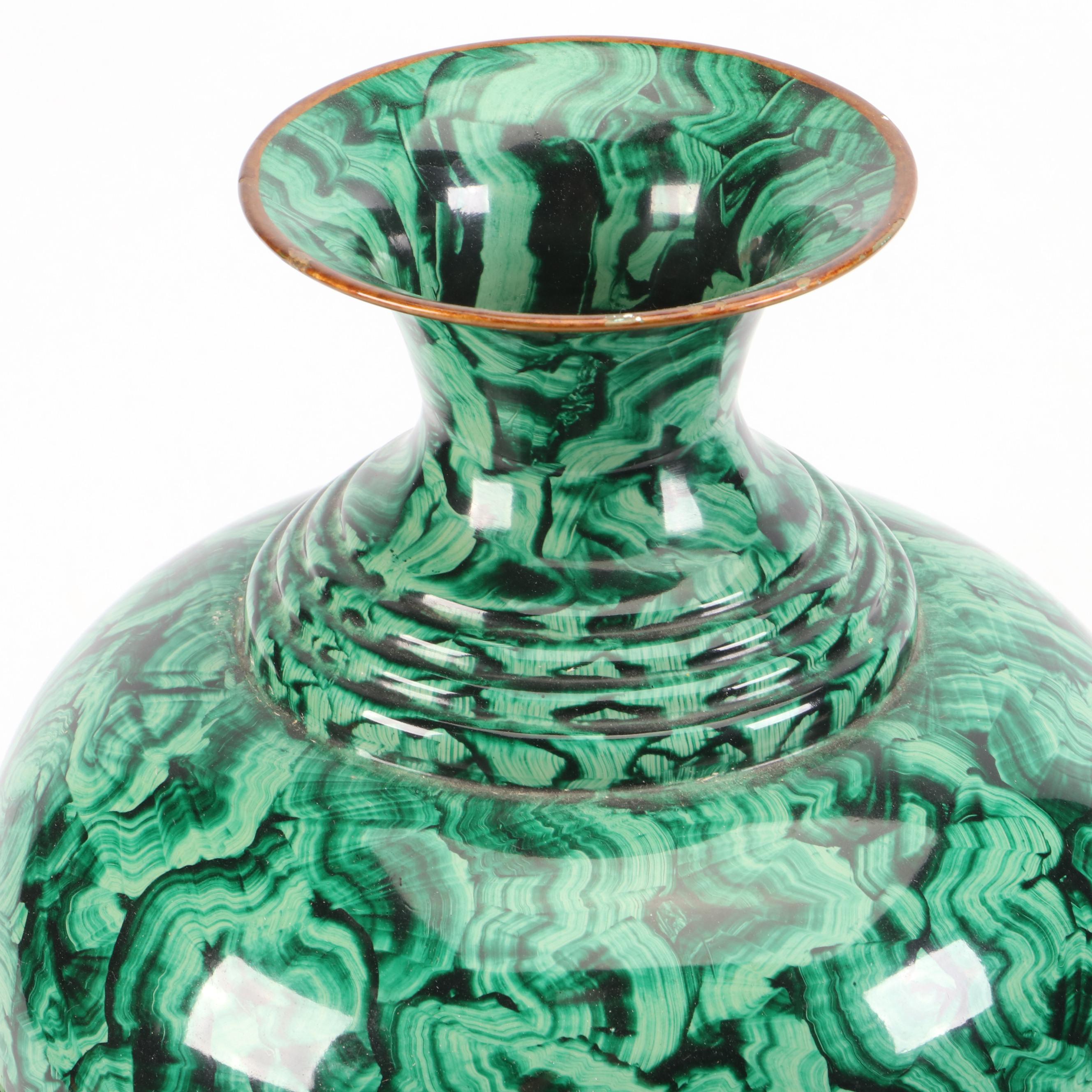Japanese Kotobuki Ceramic Vase with Faux Malachite Metal Urn and Composite Box