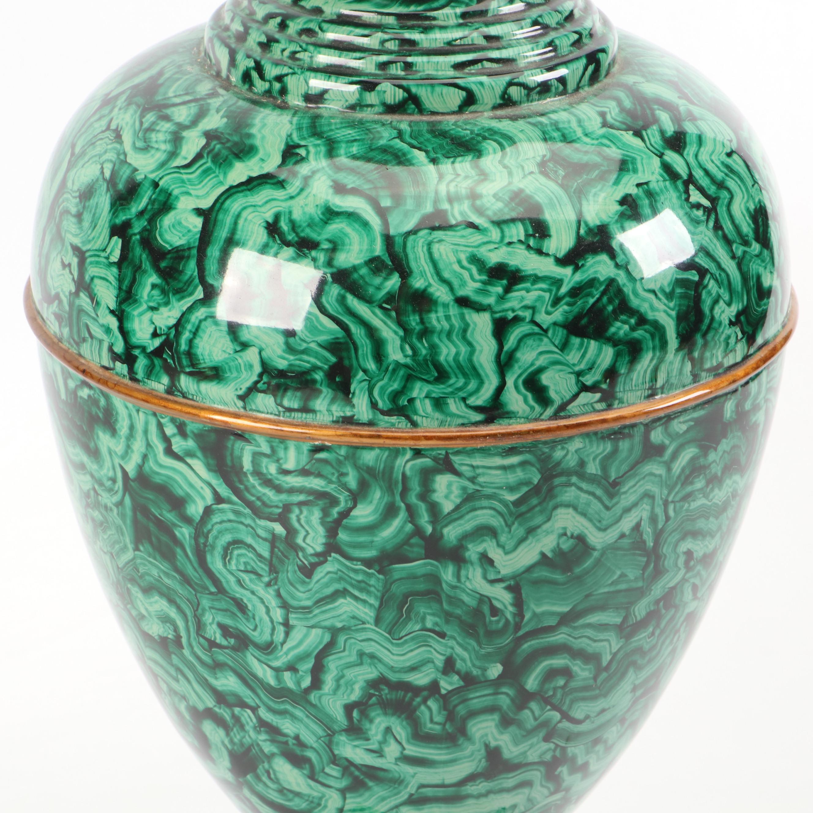 Japanese Kotobuki Ceramic Vase with Faux Malachite Metal Urn and Composite Box