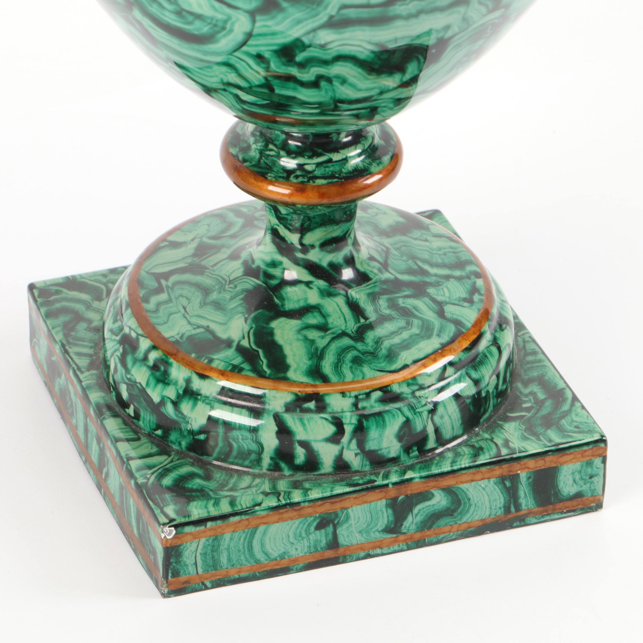 Japanese Kotobuki Ceramic Vase with Faux Malachite Metal Urn and Composite Box