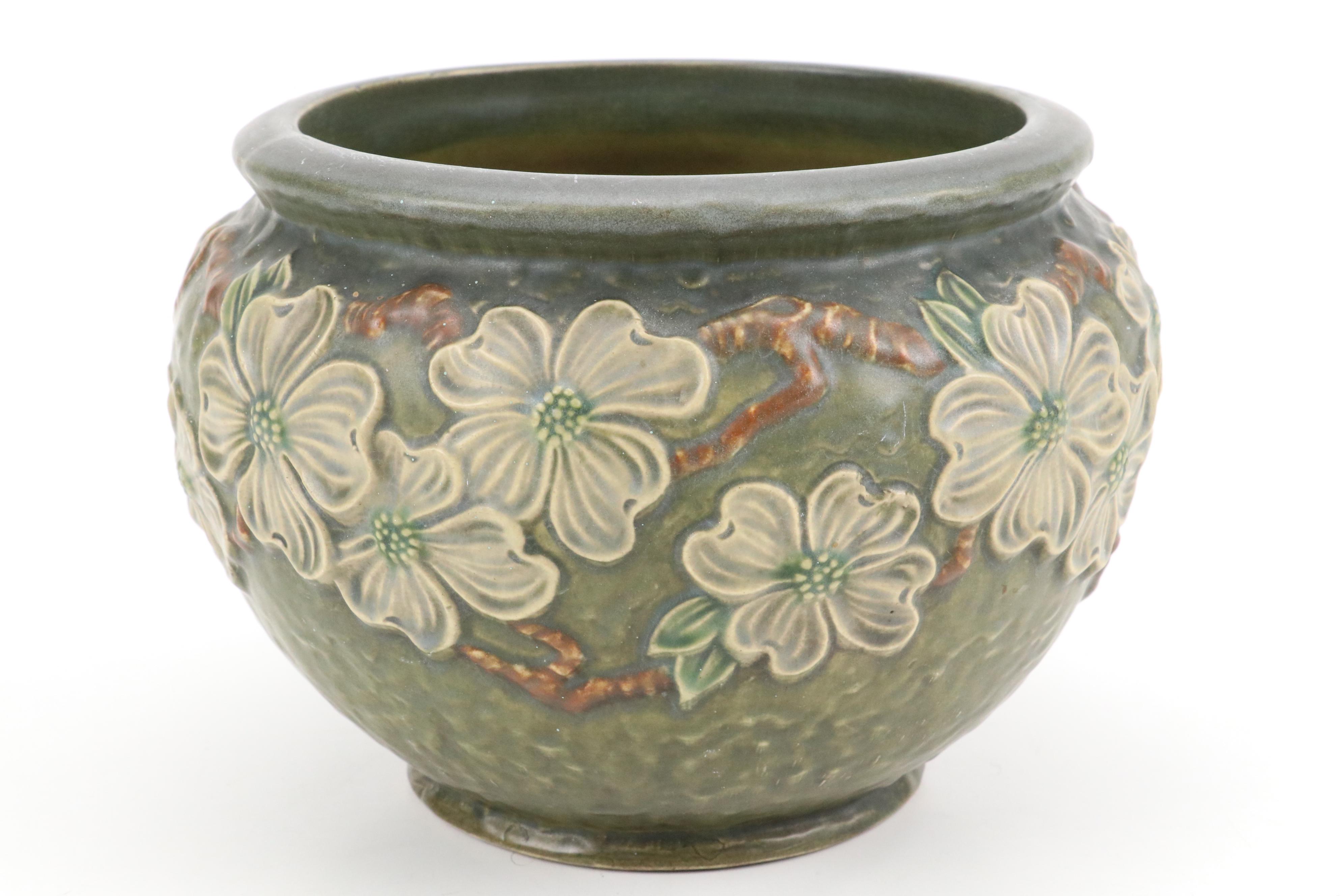 Roseville "Dogwood" Ceramic Jardinière and "Wisteria" Vase with Other Metal Vase