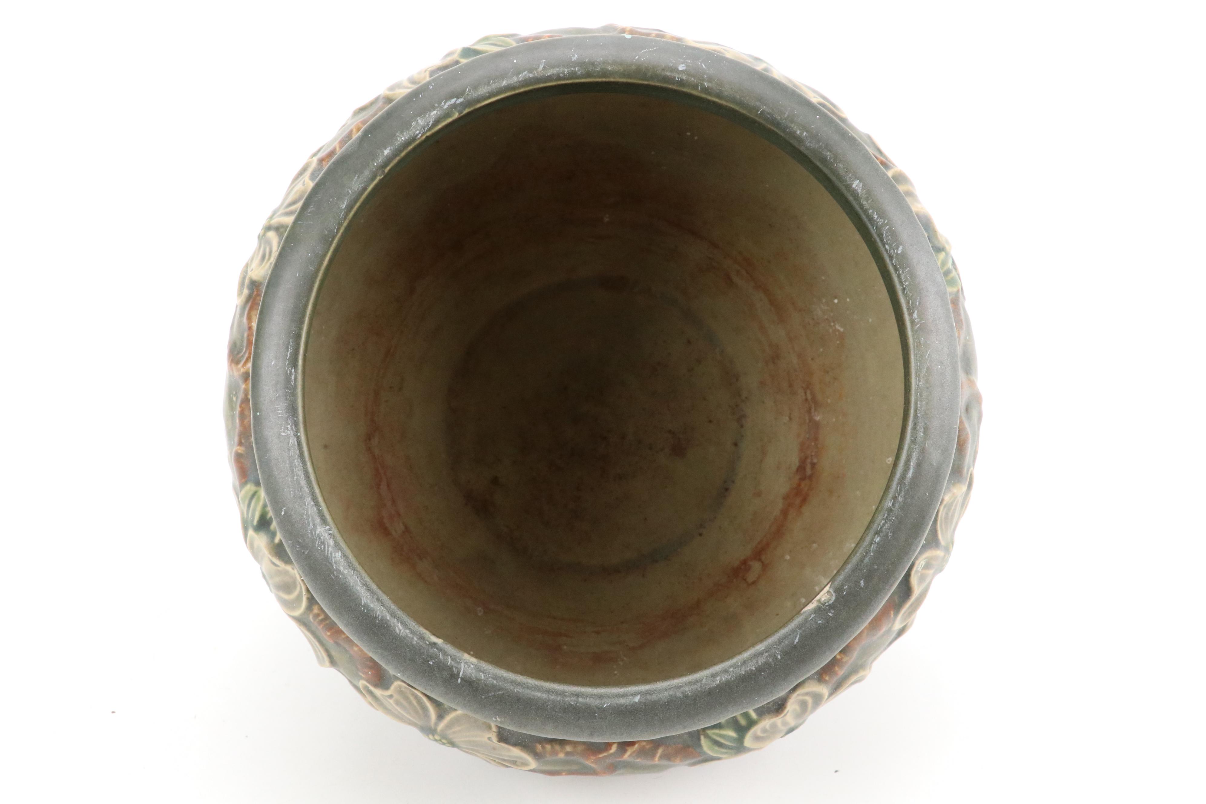 Roseville "Dogwood" Ceramic Jardinière and "Wisteria" Vase with Other Metal Vase