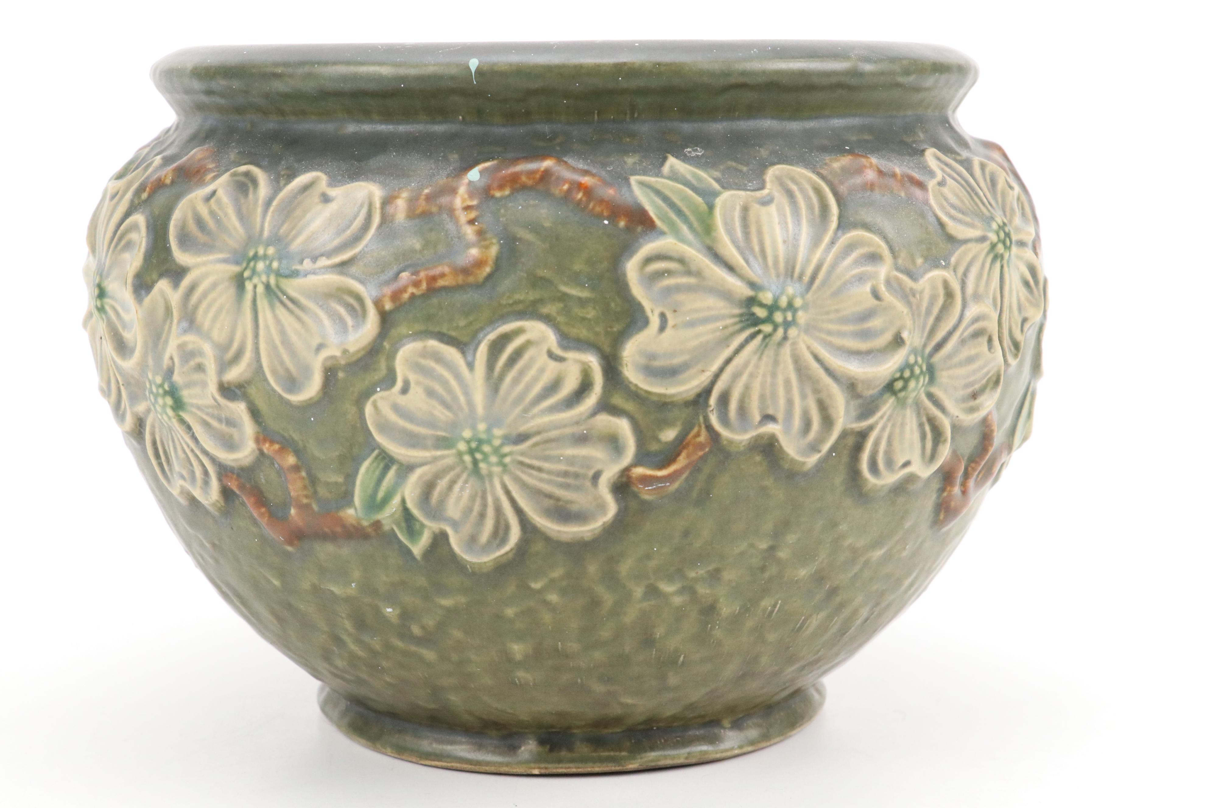 Roseville "Dogwood" Ceramic Jardinière and "Wisteria" Vase with Other Metal Vase