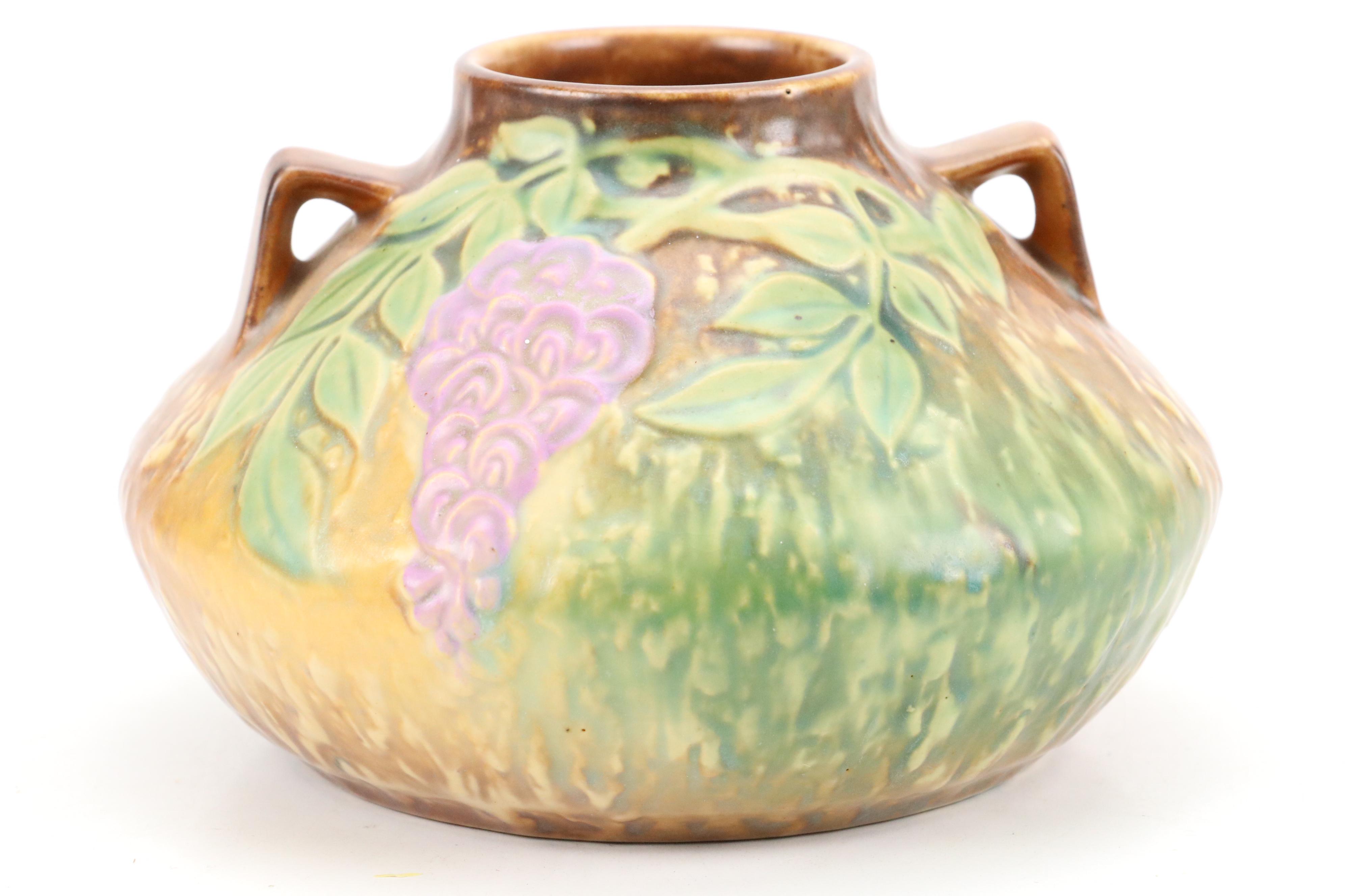 Roseville "Dogwood" Ceramic Jardinière and "Wisteria" Vase with Other Metal Vase