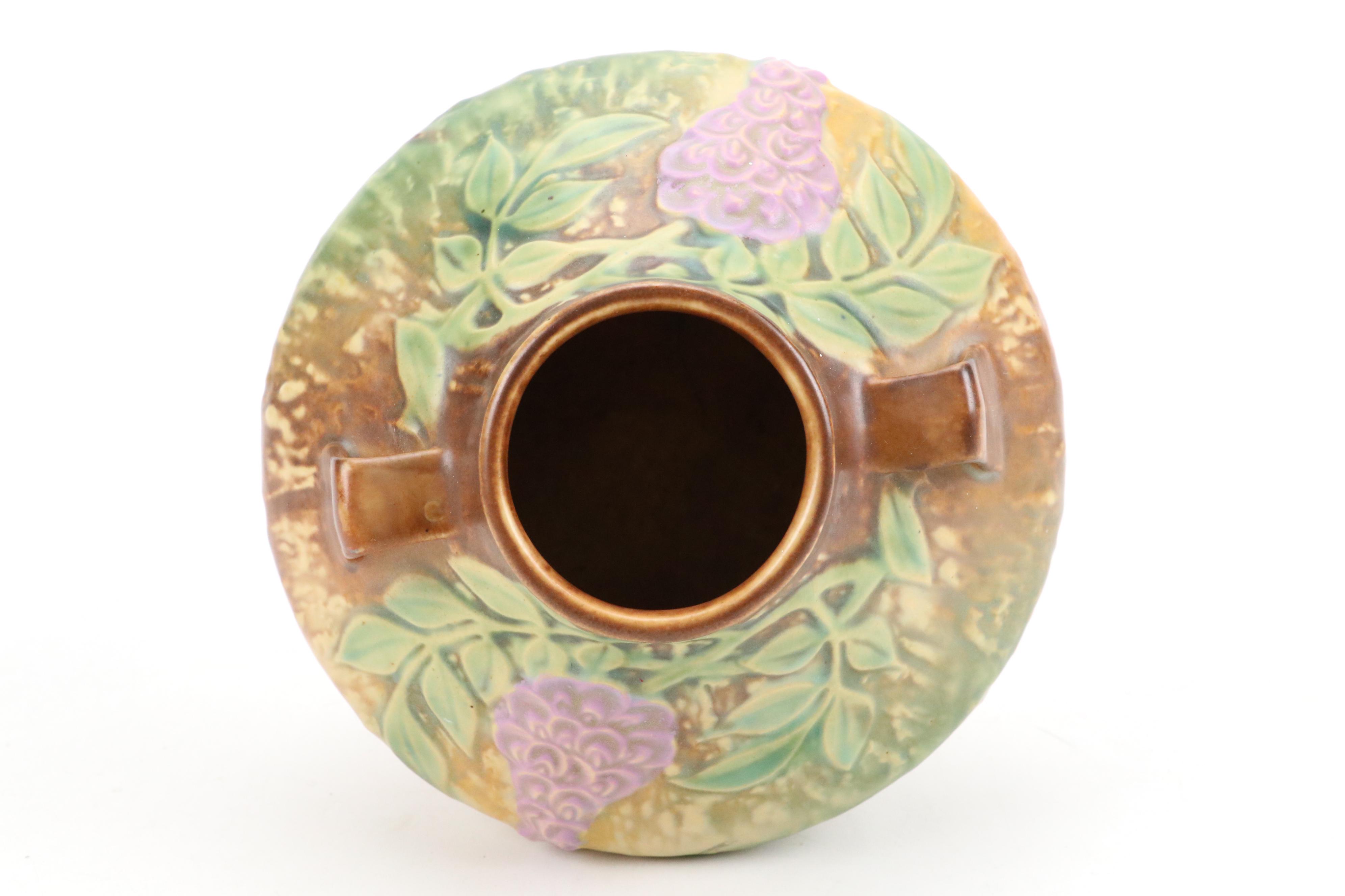 Roseville "Dogwood" Ceramic Jardinière and "Wisteria" Vase with Other Metal Vase