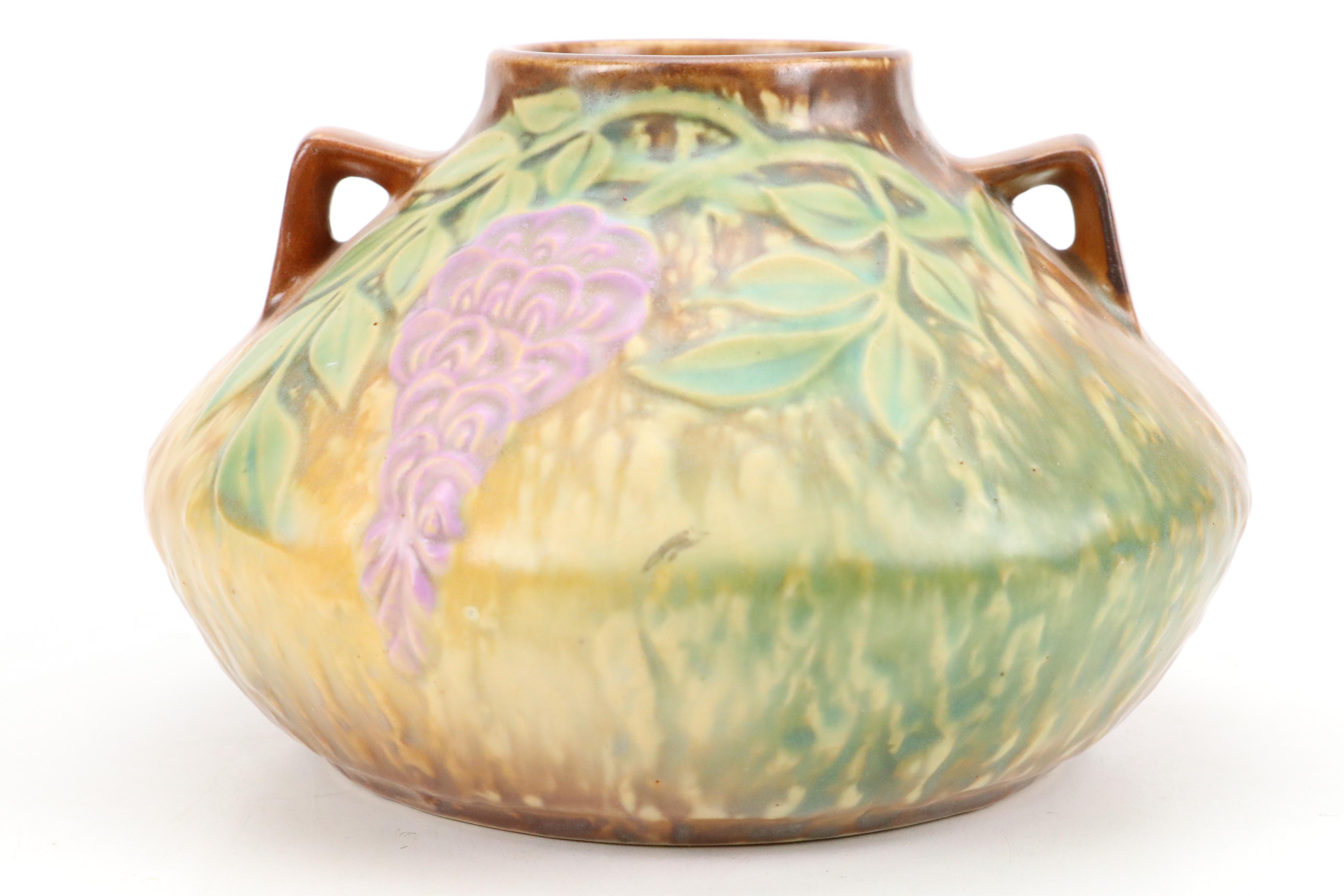 Roseville "Dogwood" Ceramic Jardinière and "Wisteria" Vase with Other Metal Vase