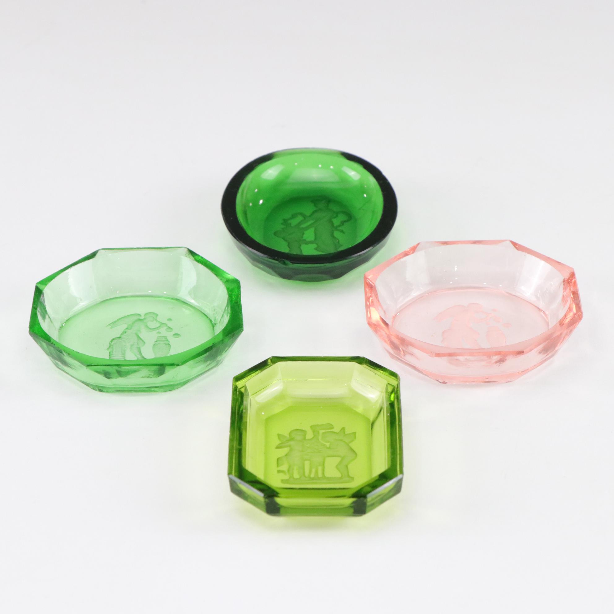Czech Intaglio Green and Pink Cut Glass Salt Cellar