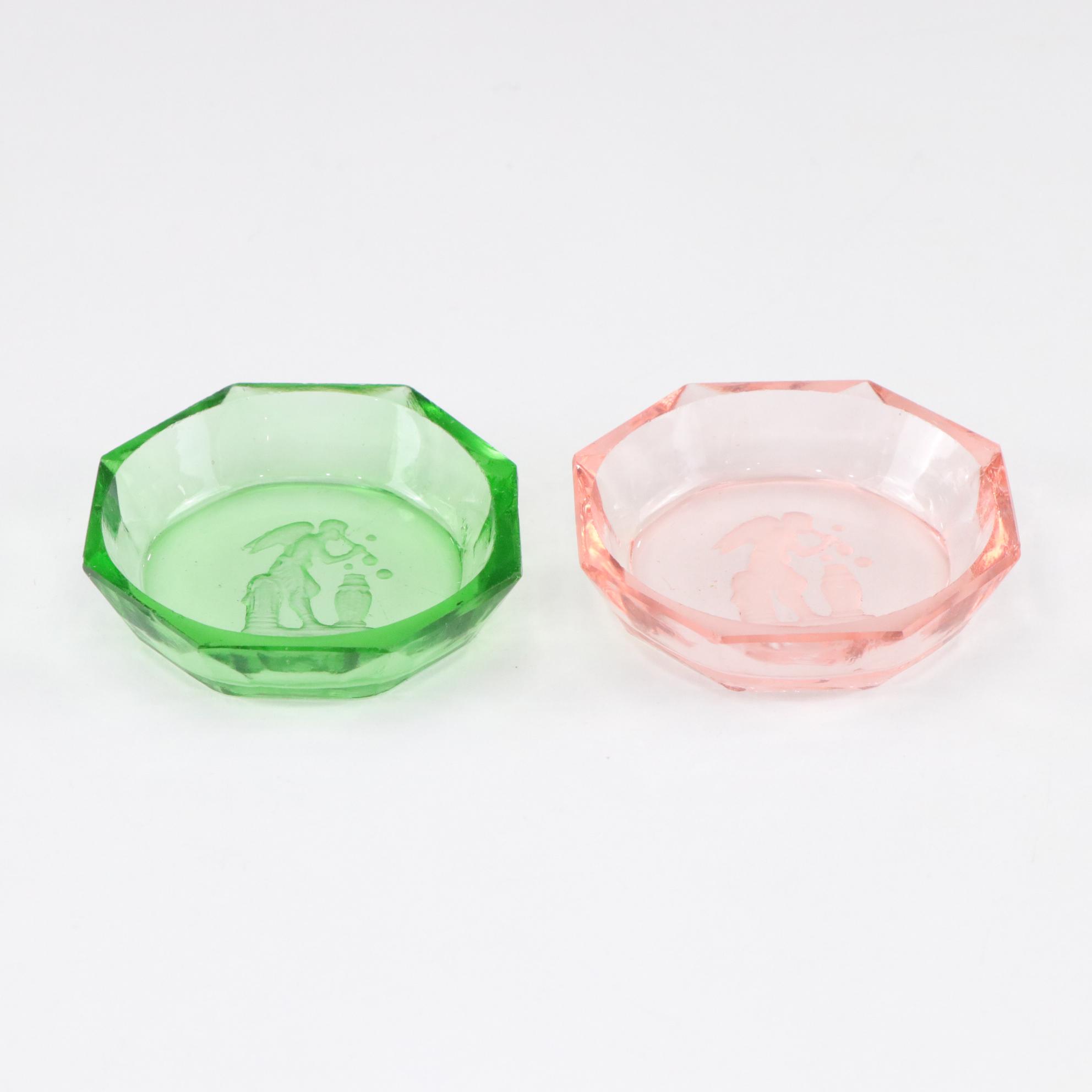 Czech Intaglio Green and Pink Cut Glass Salt Cellar