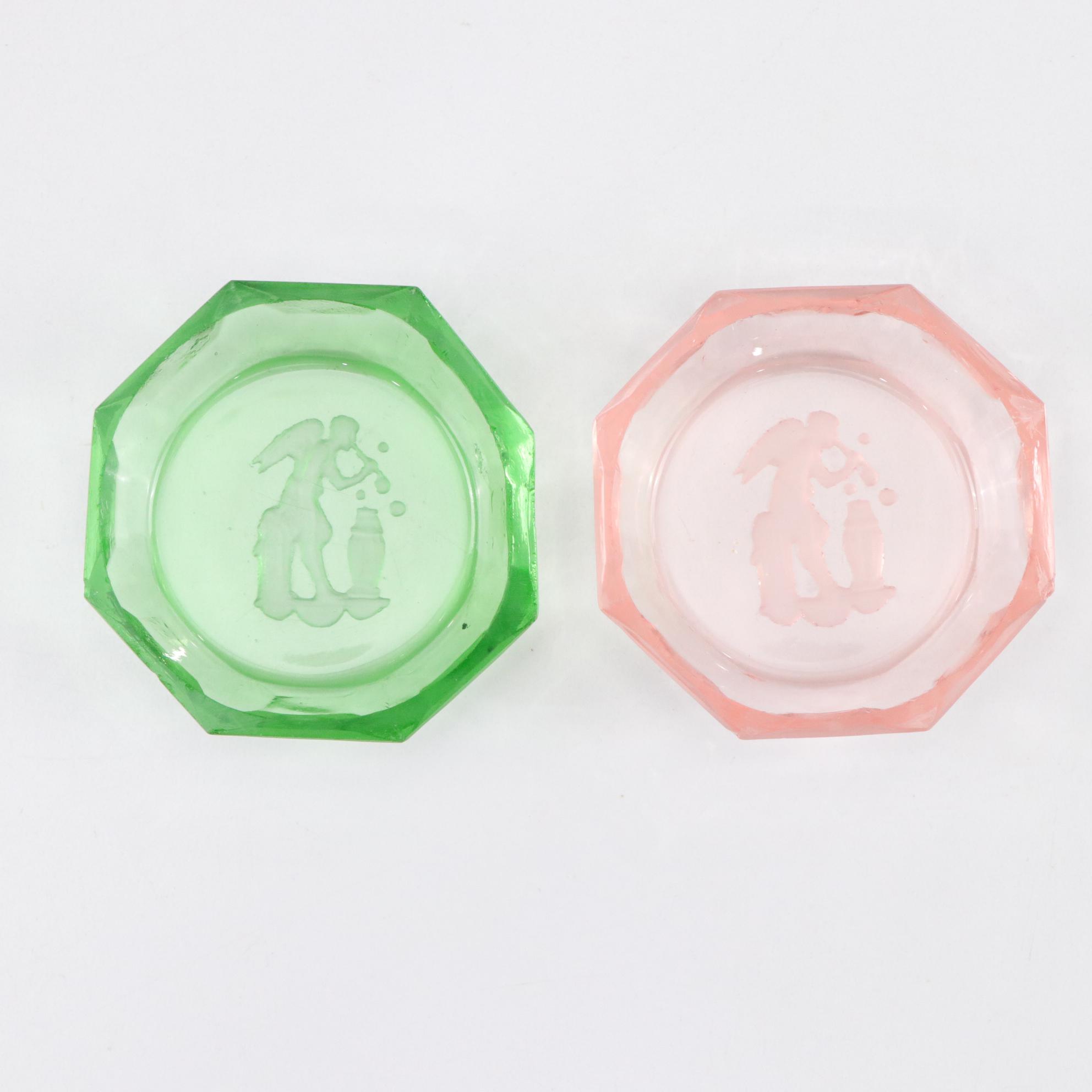 Czech Intaglio Green and Pink Cut Glass Salt Cellar