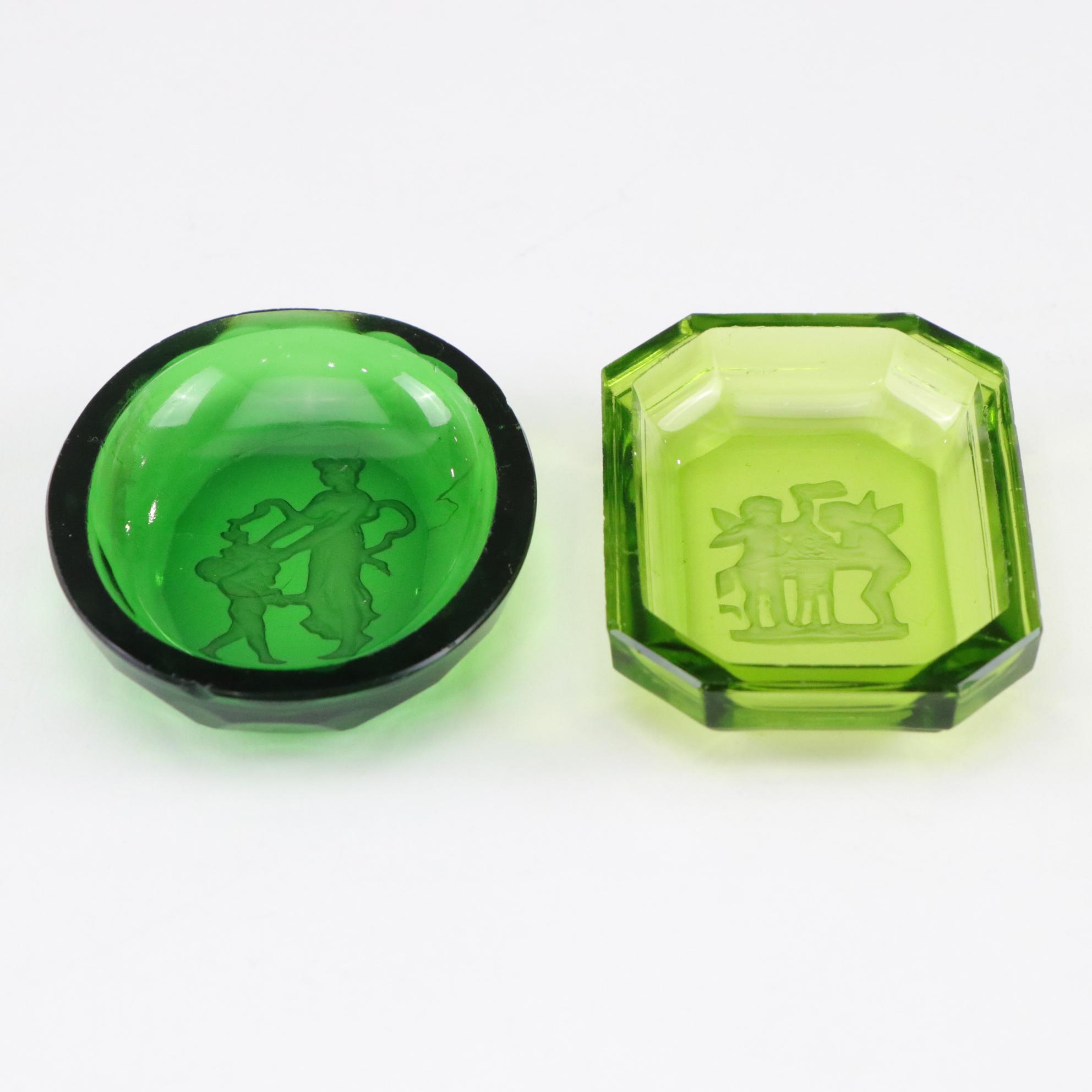 Czech Intaglio Green and Pink Cut Glass Salt Cellar