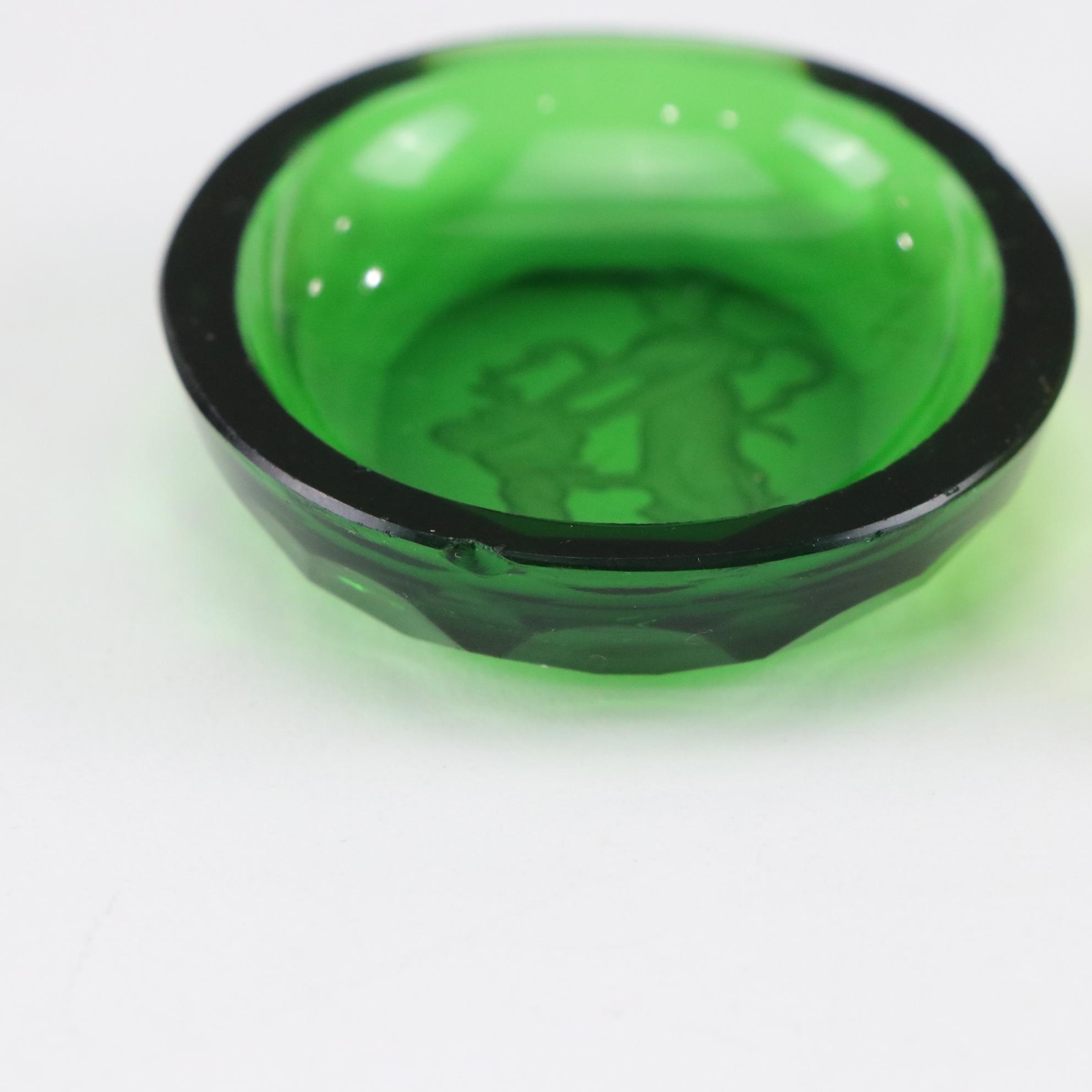 Czech Intaglio Green and Pink Cut Glass Salt Cellar