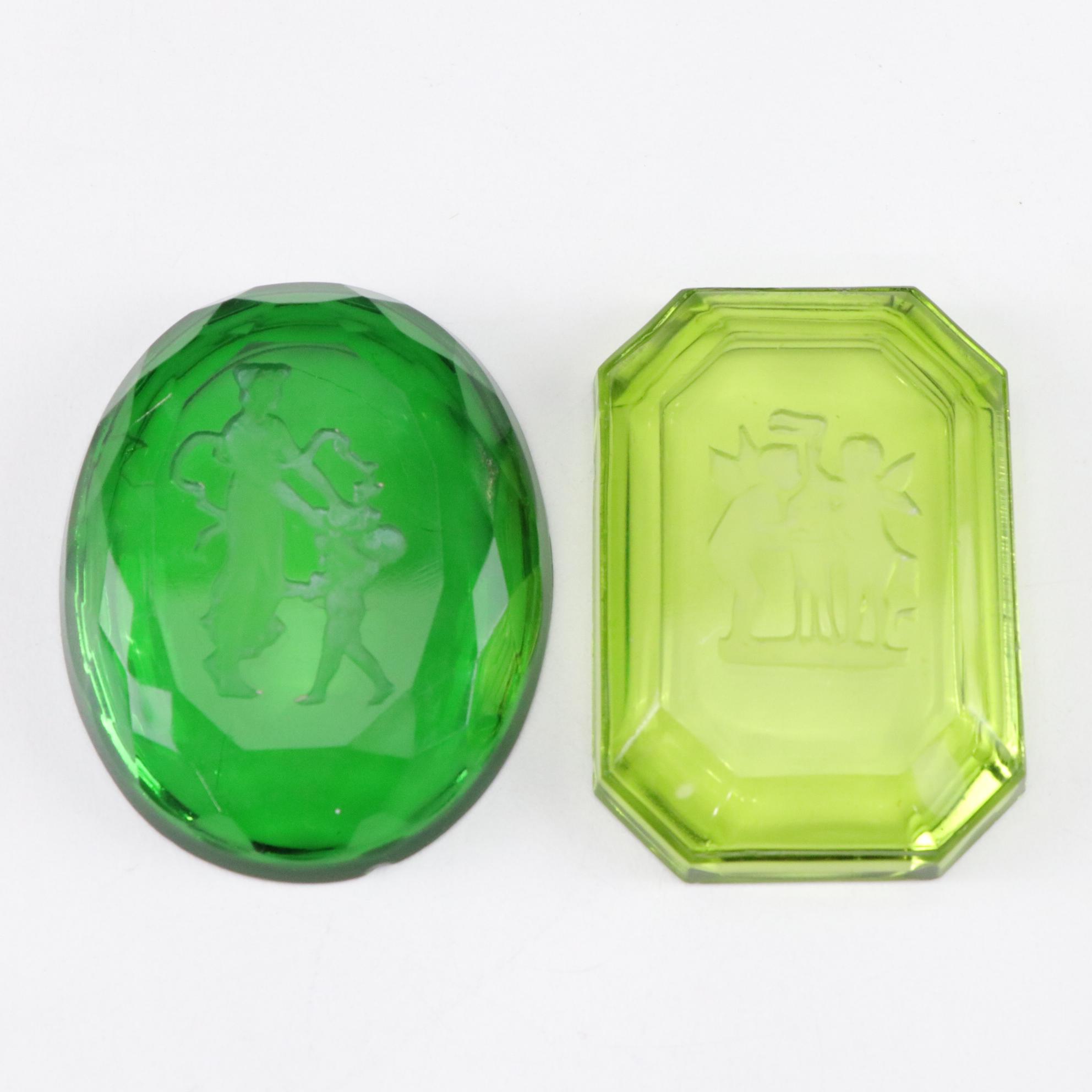 Czech Intaglio Green and Pink Cut Glass Salt Cellar