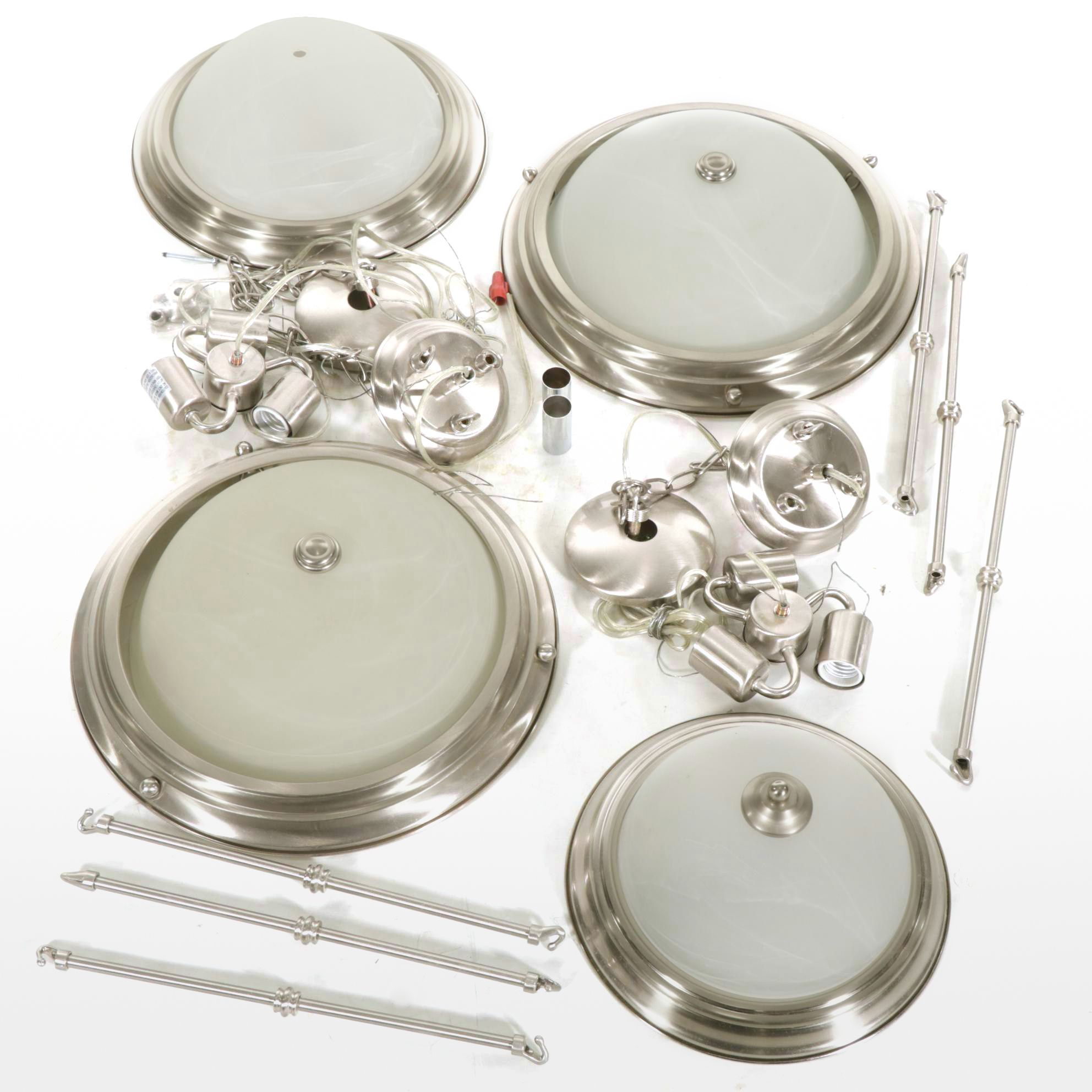 Pair of Brushed Nickel and Glass Plafonnier with Flush Mount Ceiling Fixtures