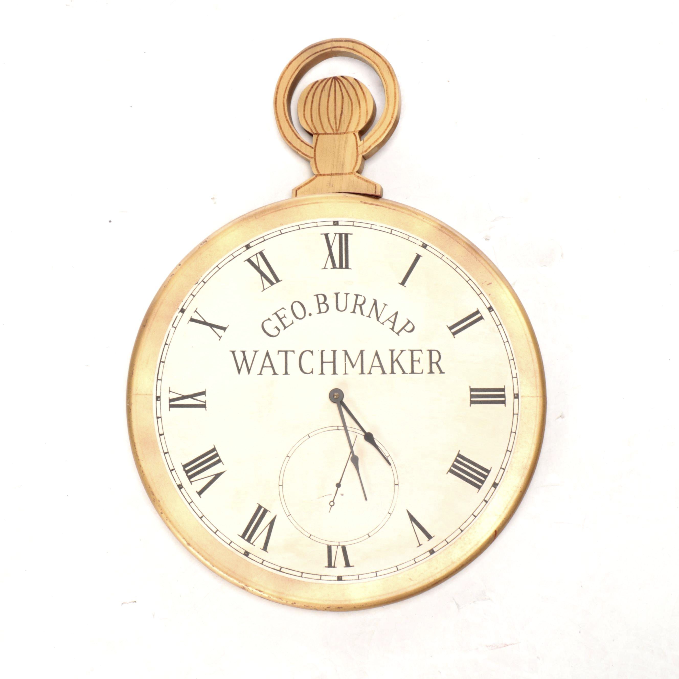 Carved Wood Pocket-Watch-Shaped Battery-Operated Wall Clock