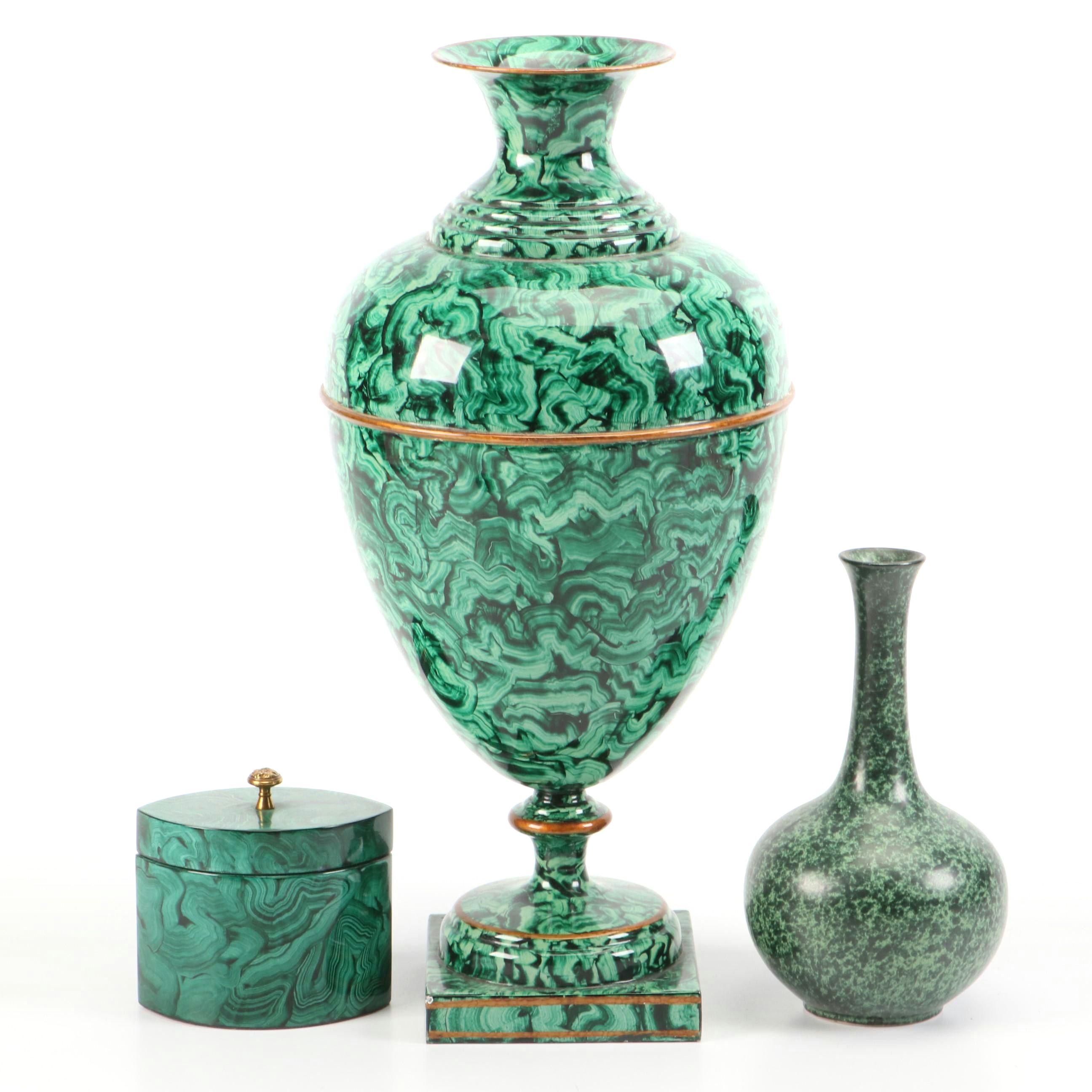 Japanese Kotobuki Ceramic Vase with Faux Malachite Metal Urn and Composite Box