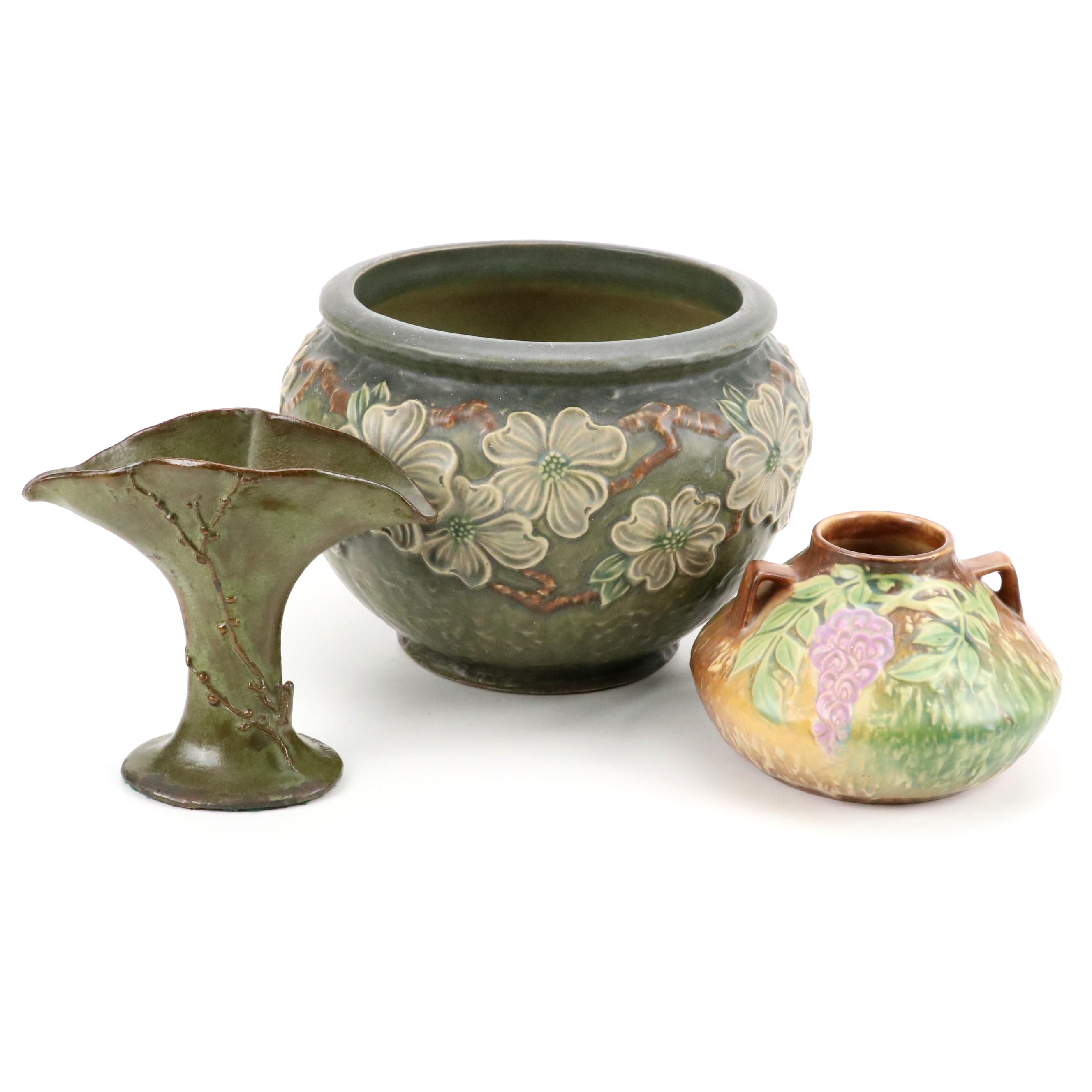 Roseville "Dogwood" Ceramic Jardinière and "Wisteria" Vase with Other Metal Vase