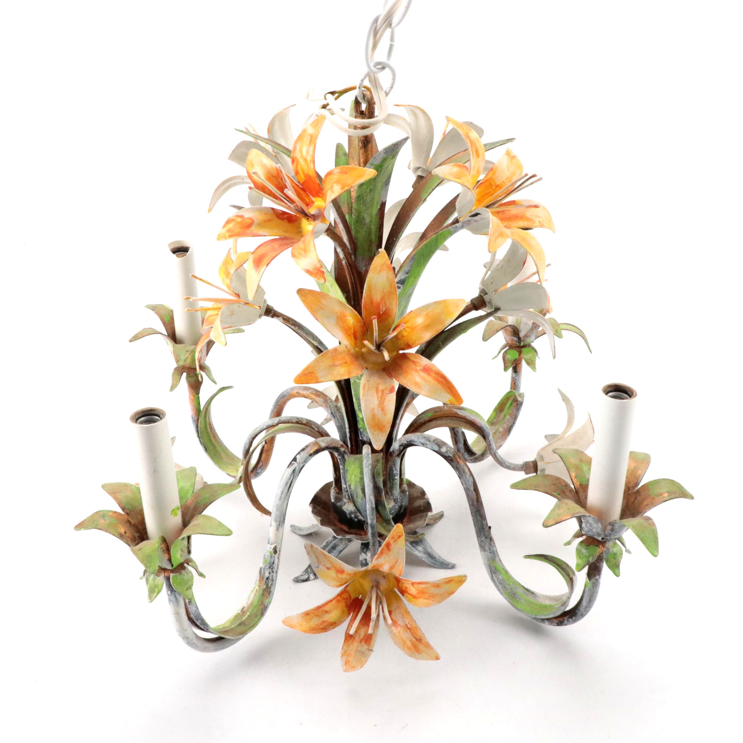 Italianate Hand-Painted Floral Four-Arm Chandelier, Late 20th Century