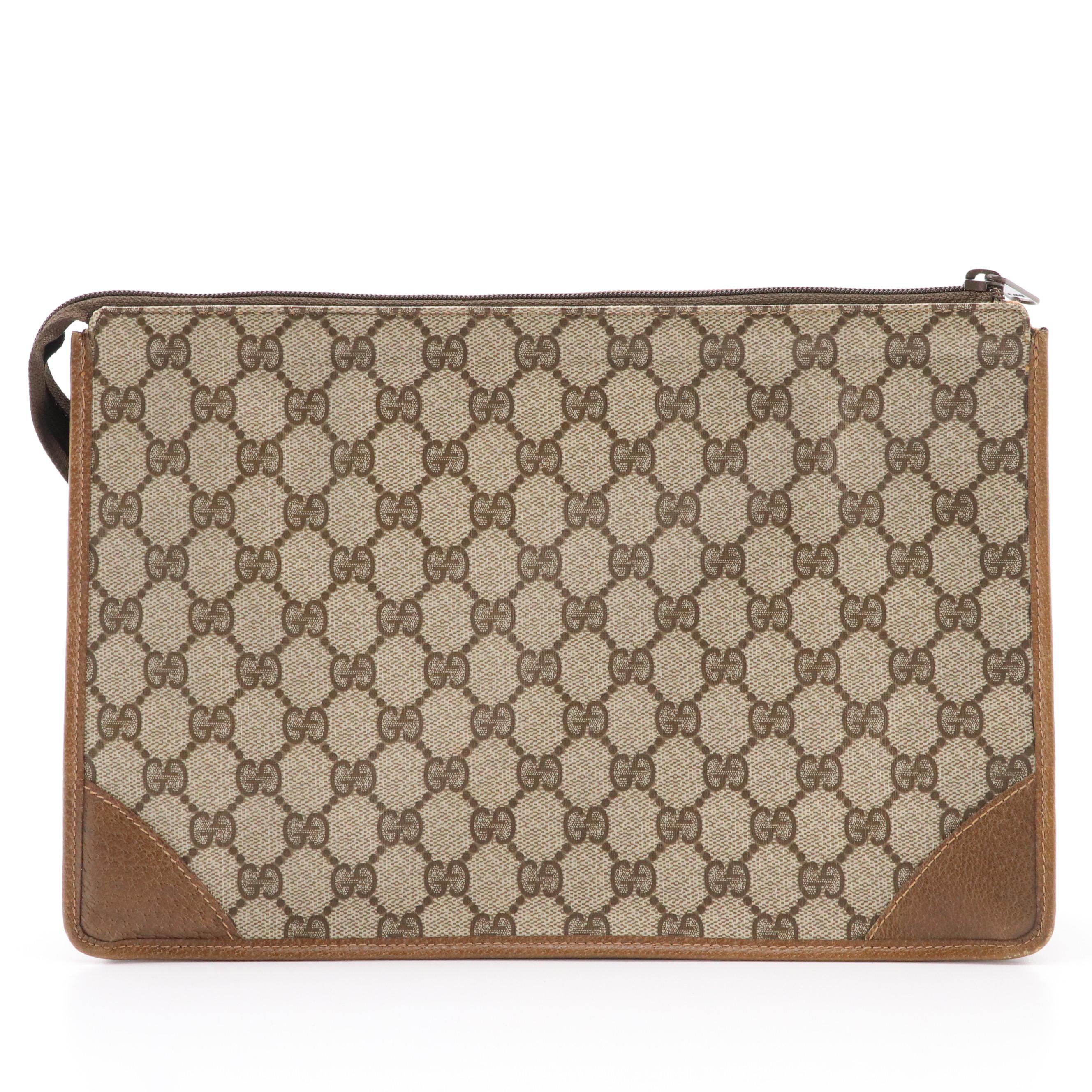 Gucci Accessory Collection Zip Clutch in GG Supreme Canvas and Brown Leather