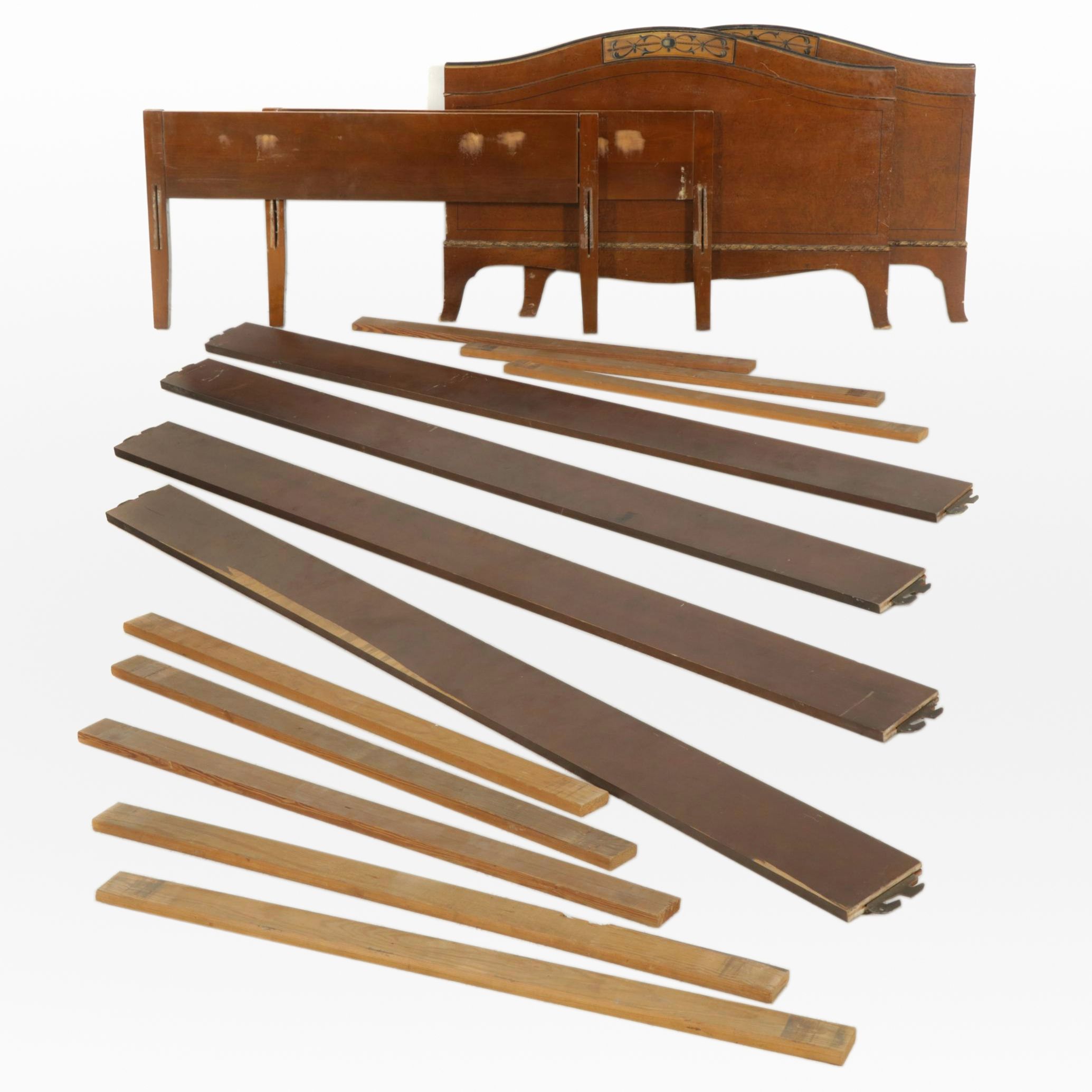 Pair of Neoclassical Style Birds-Eye Maple Twin Bed Frames with Painted Accents