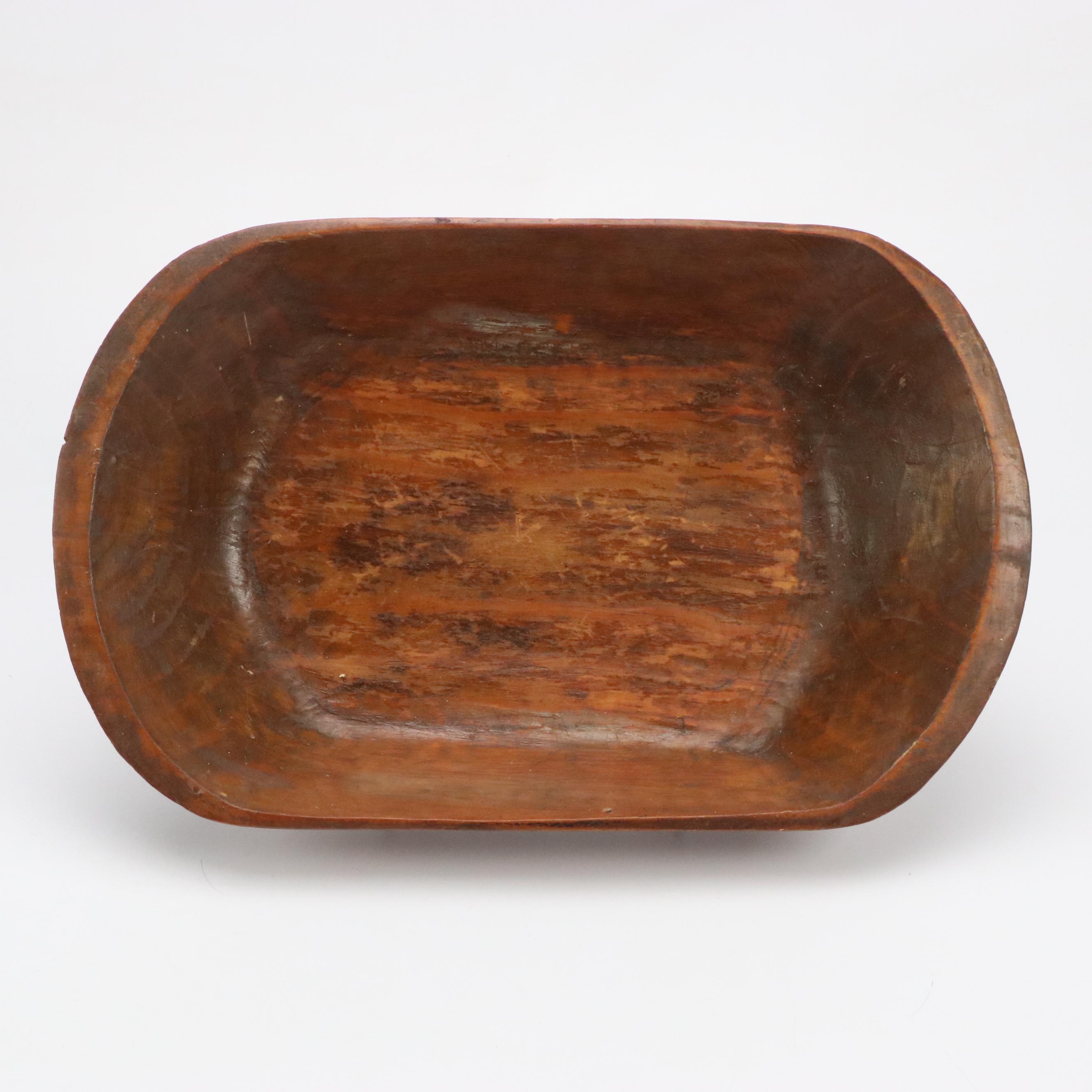 Carved Wooden Trencher Dough Bowl with Wooden Basket and Wall Pocket, Antique