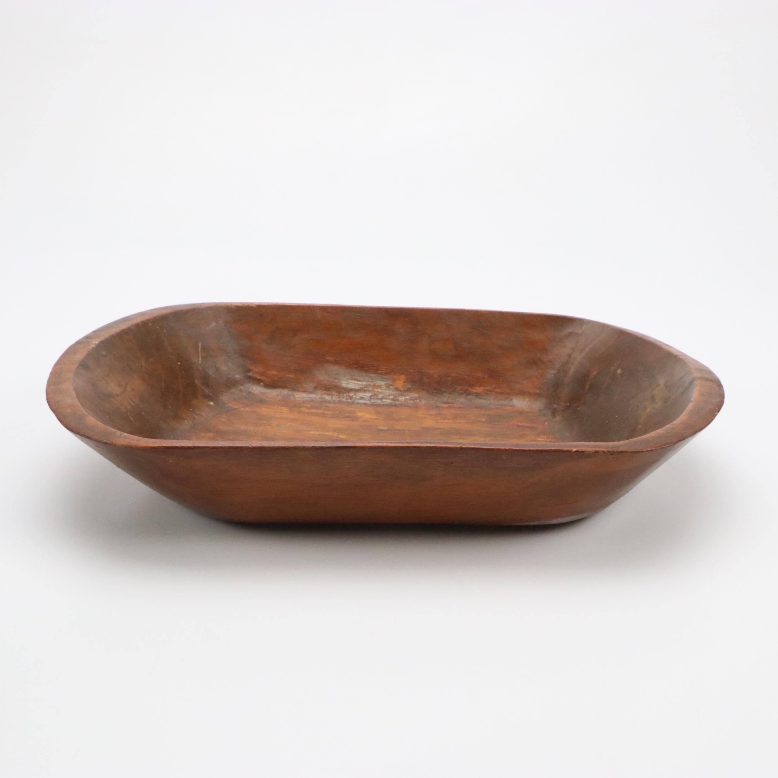 Carved Wooden Trencher Dough Bowl with Wooden Basket and Wall Pocket, Antique