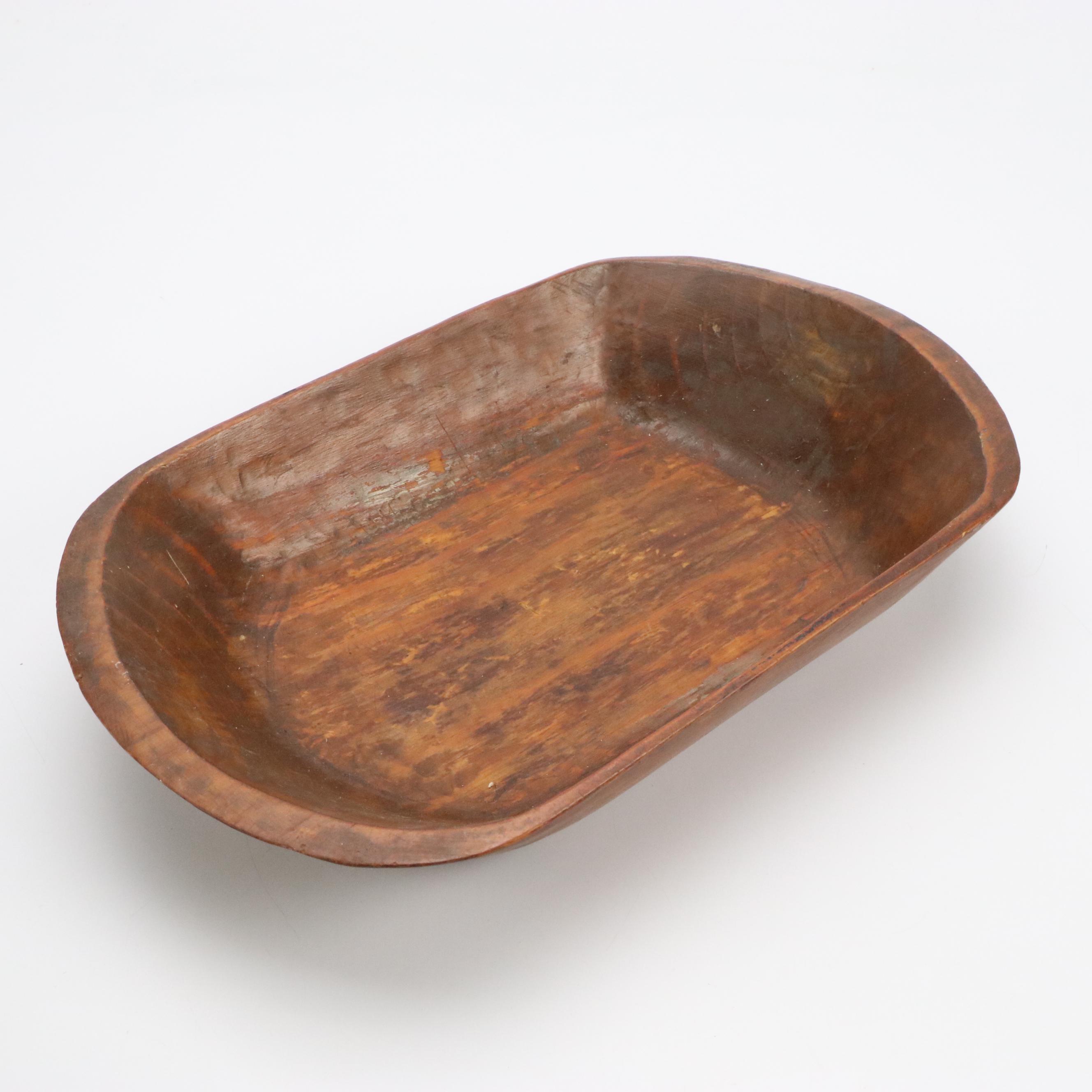 Carved Wooden Trencher Dough Bowl with Wooden Basket and Wall Pocket, Antique