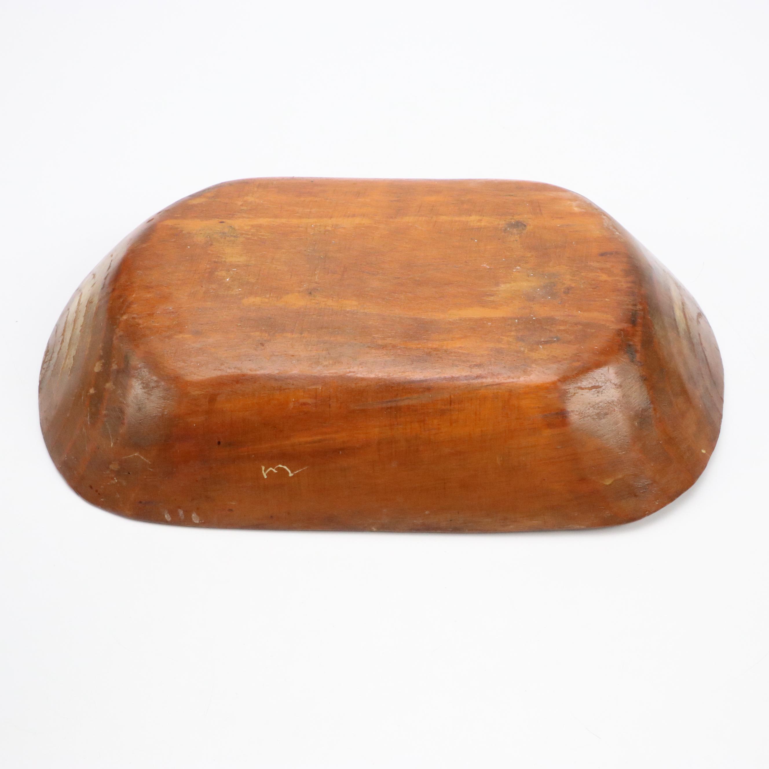 Carved Wooden Trencher Dough Bowl with Wooden Basket and Wall Pocket, Antique