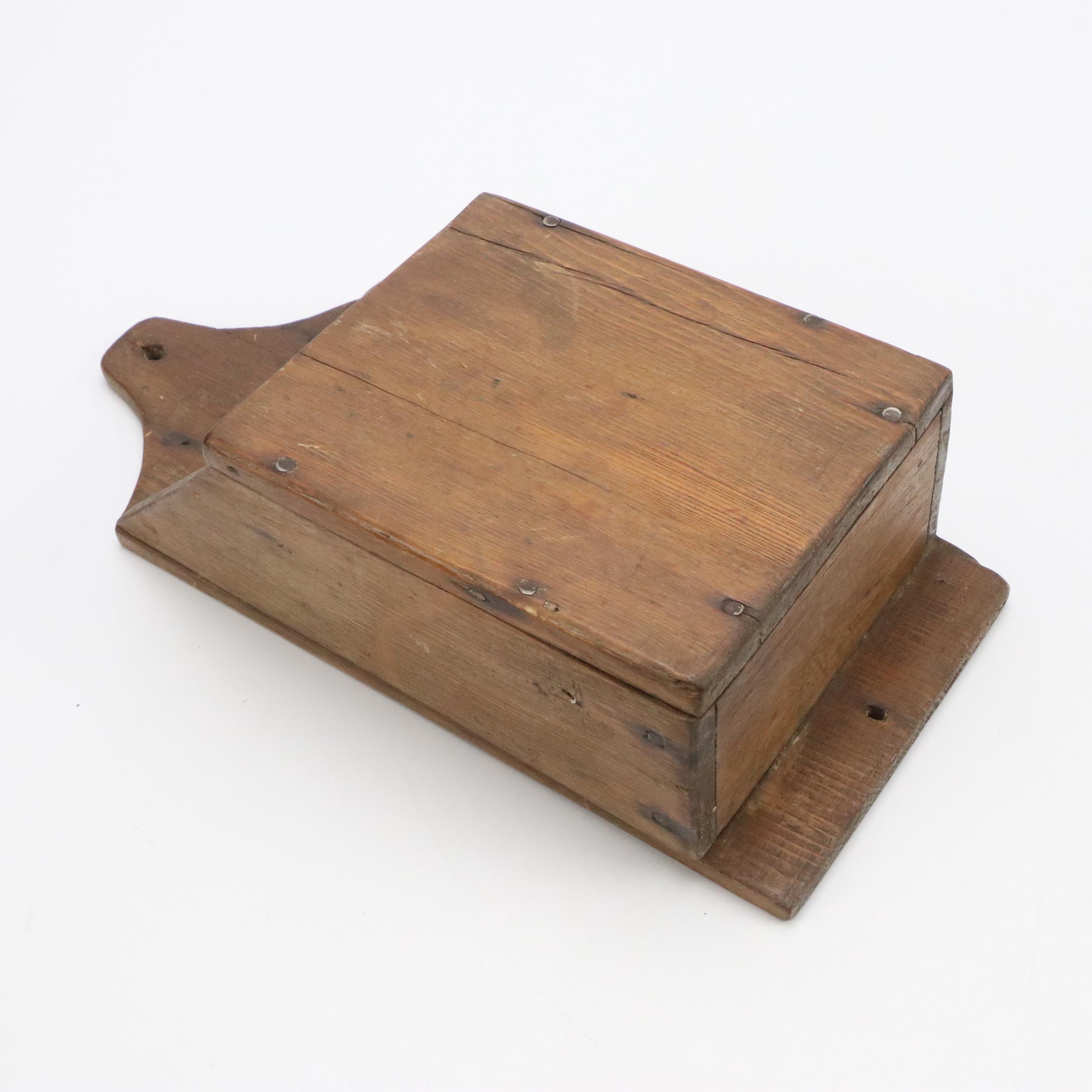 Carved Wooden Trencher Dough Bowl with Wooden Basket and Wall Pocket, Antique