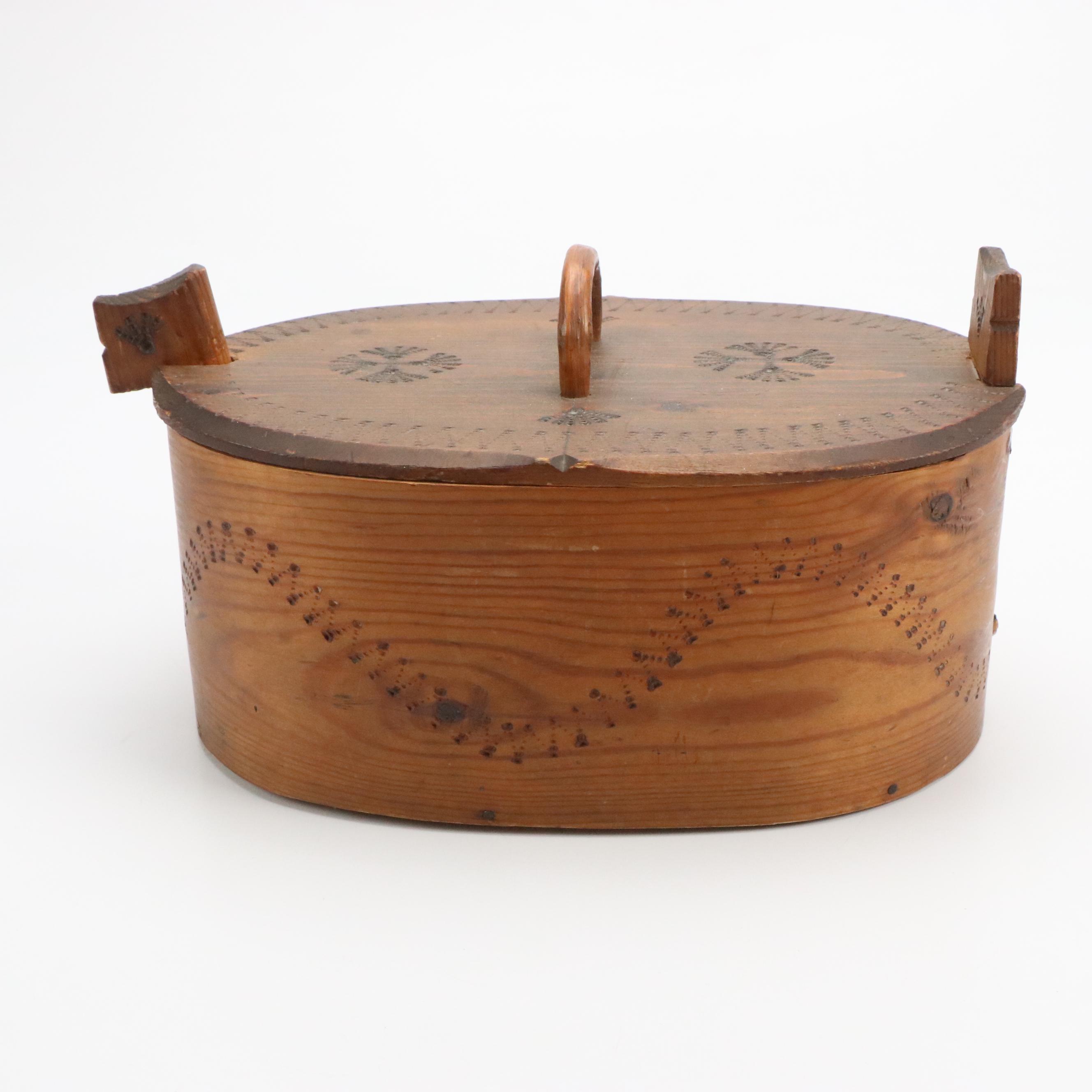 Carved Wooden Trencher Dough Bowl with Wooden Basket and Wall Pocket, Antique