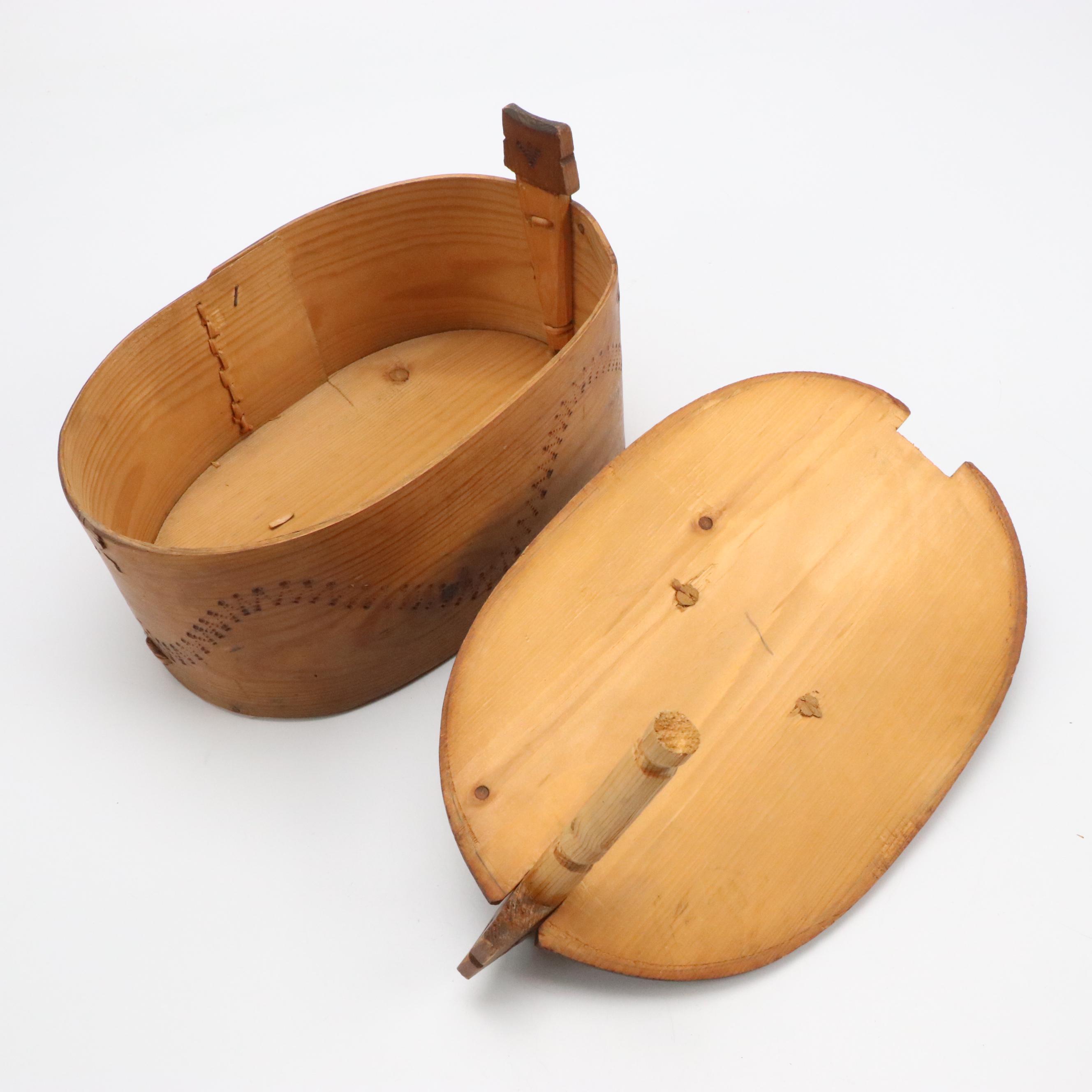 Carved Wooden Trencher Dough Bowl with Wooden Basket and Wall Pocket, Antique