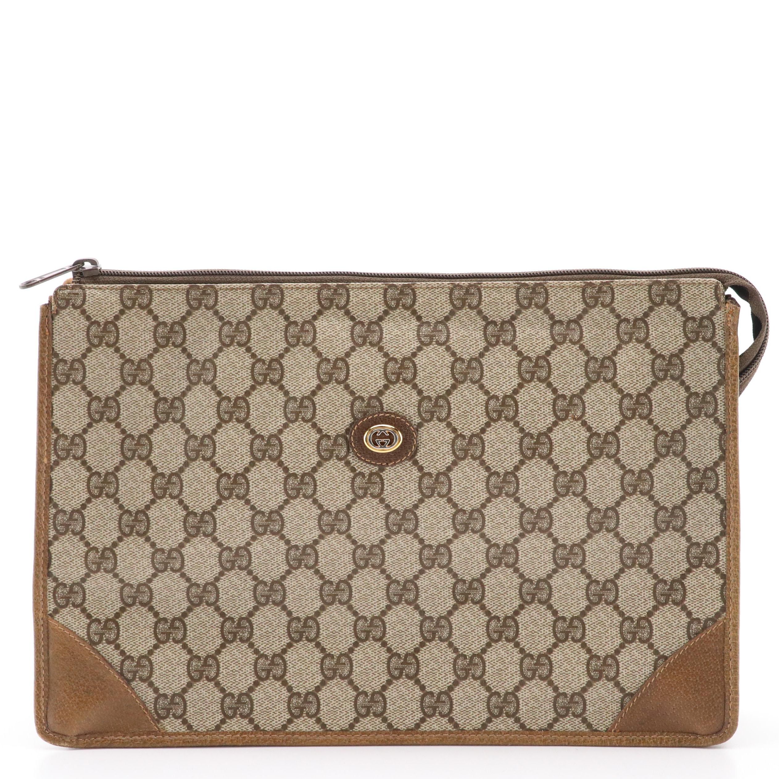 Gucci Accessory Collection Zip Clutch in GG Supreme Canvas and Brown Leather
