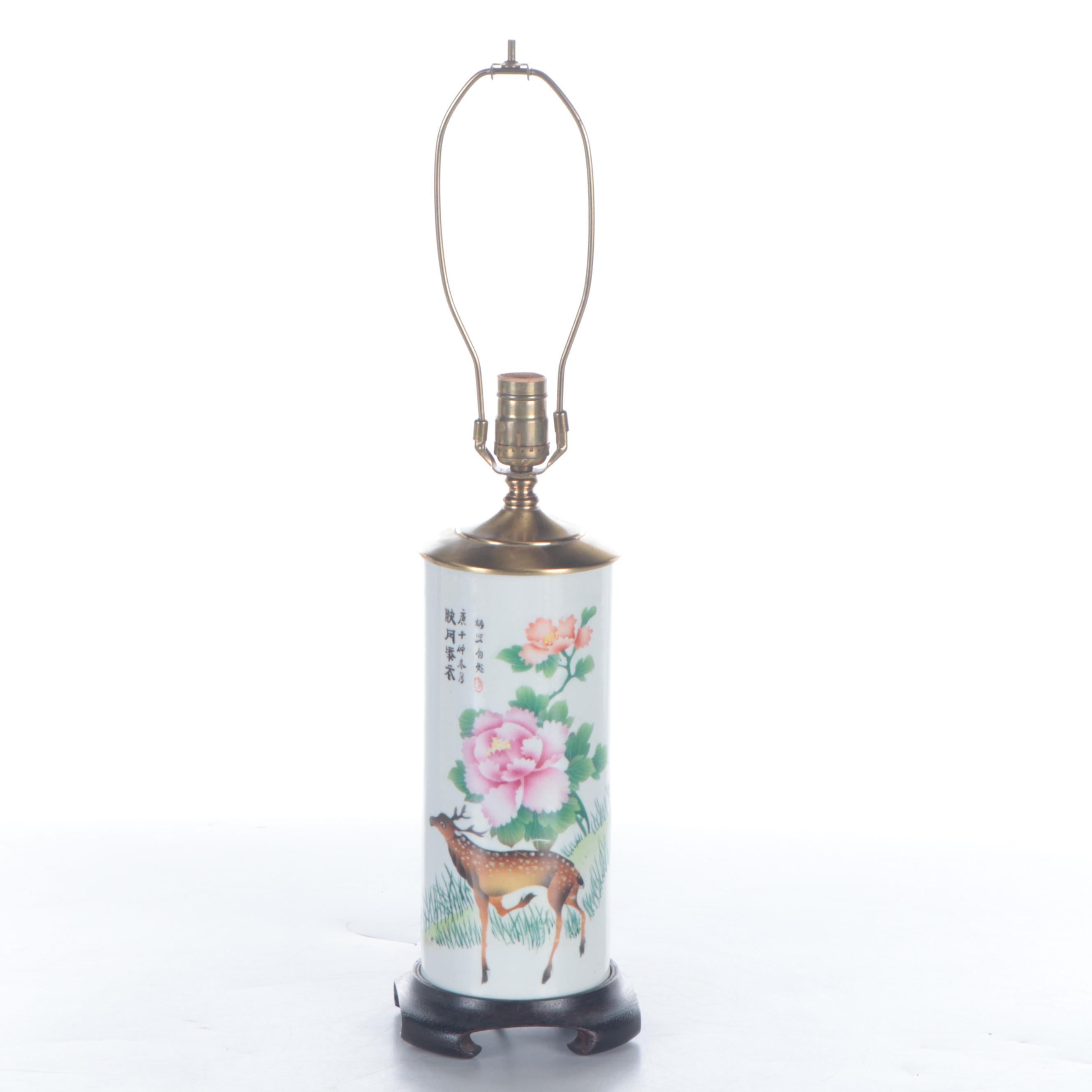 Chinese Porcelain Hat Stand Table Lamp with Ruched Shade