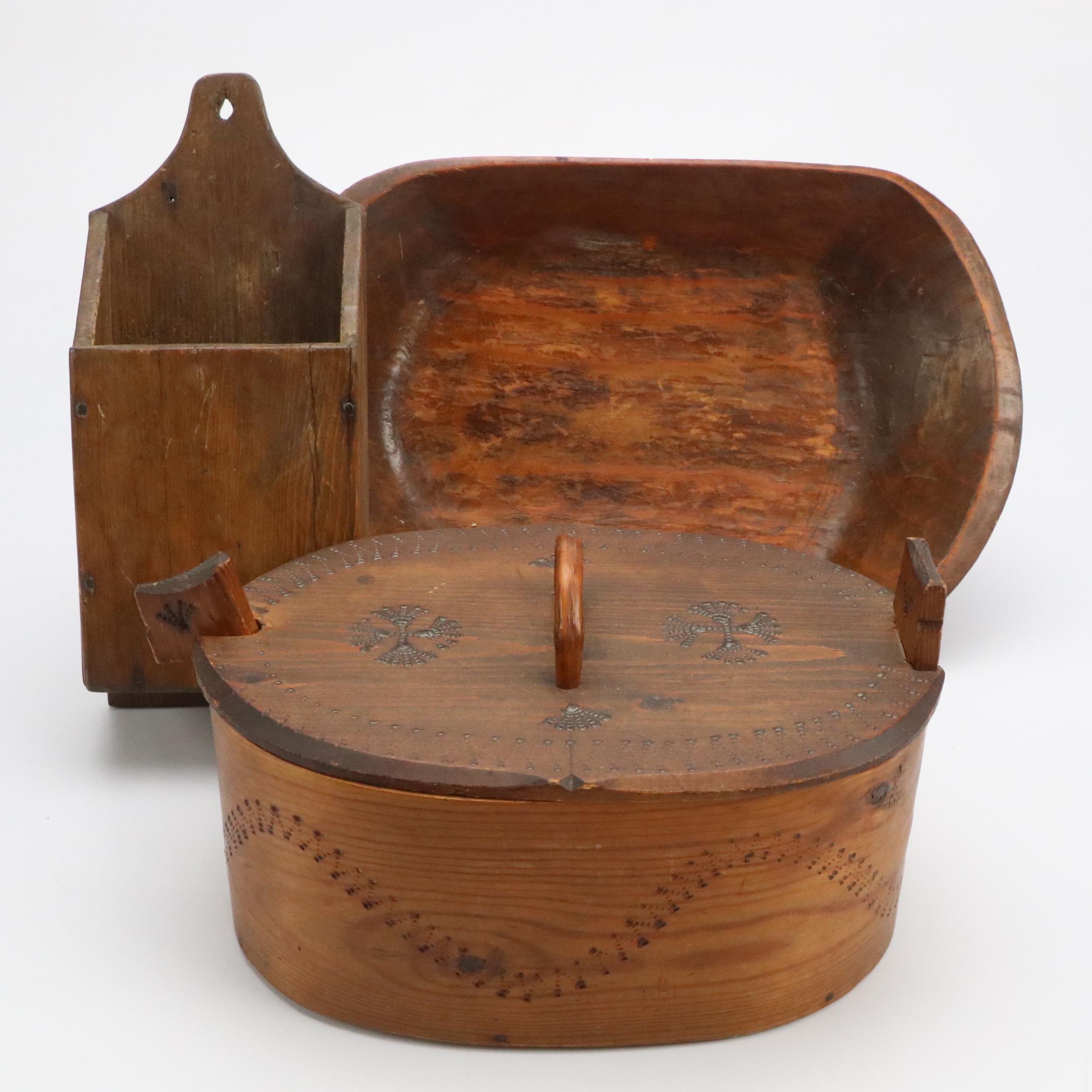 Carved Wooden Trencher Dough Bowl with Wooden Basket and Wall Pocket, Antique