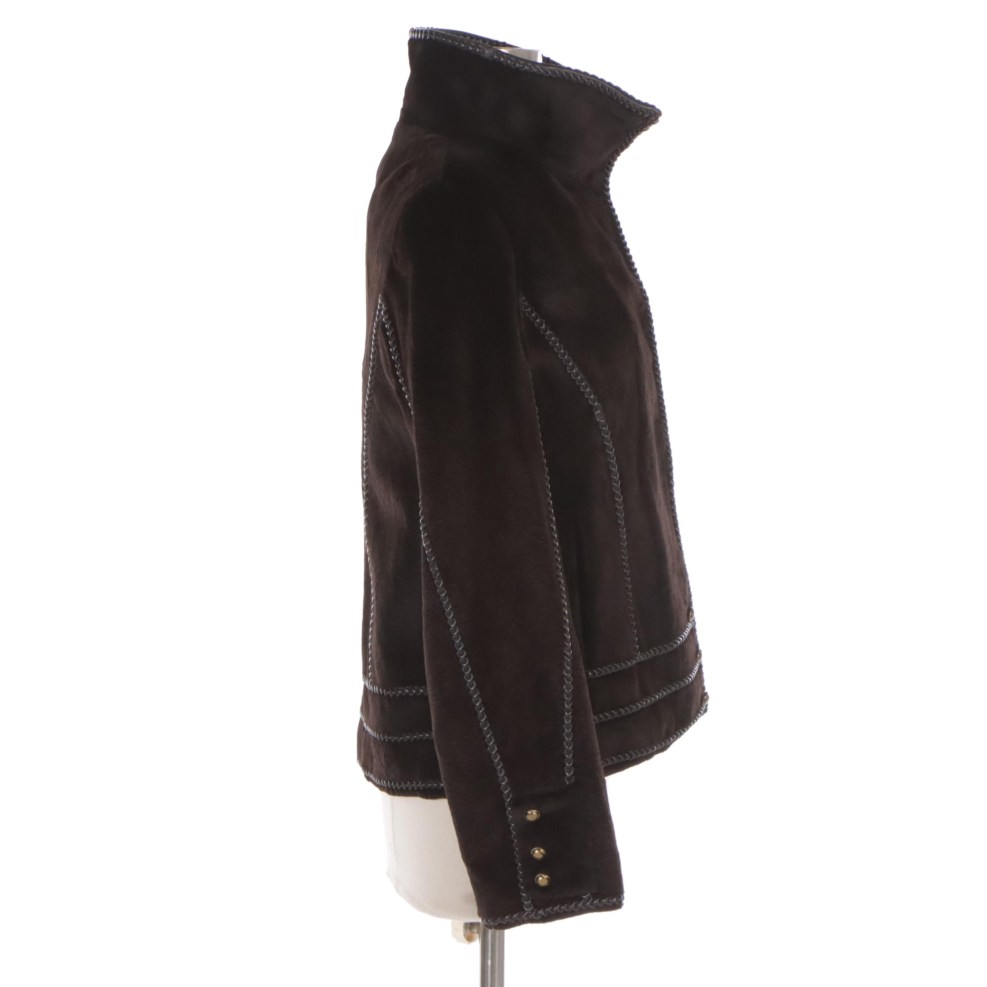 Louis Féraud for Neiman Marcus Chocolate Sheared Mink Jacket with Leather Trim