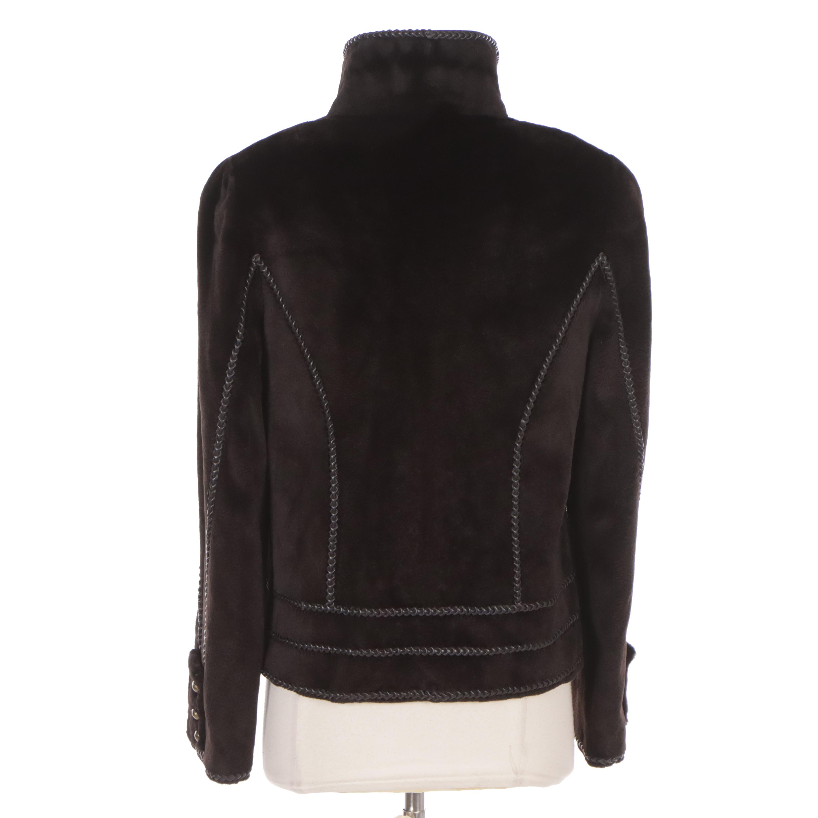 Louis Féraud for Neiman Marcus Chocolate Sheared Mink Jacket with Leather Trim