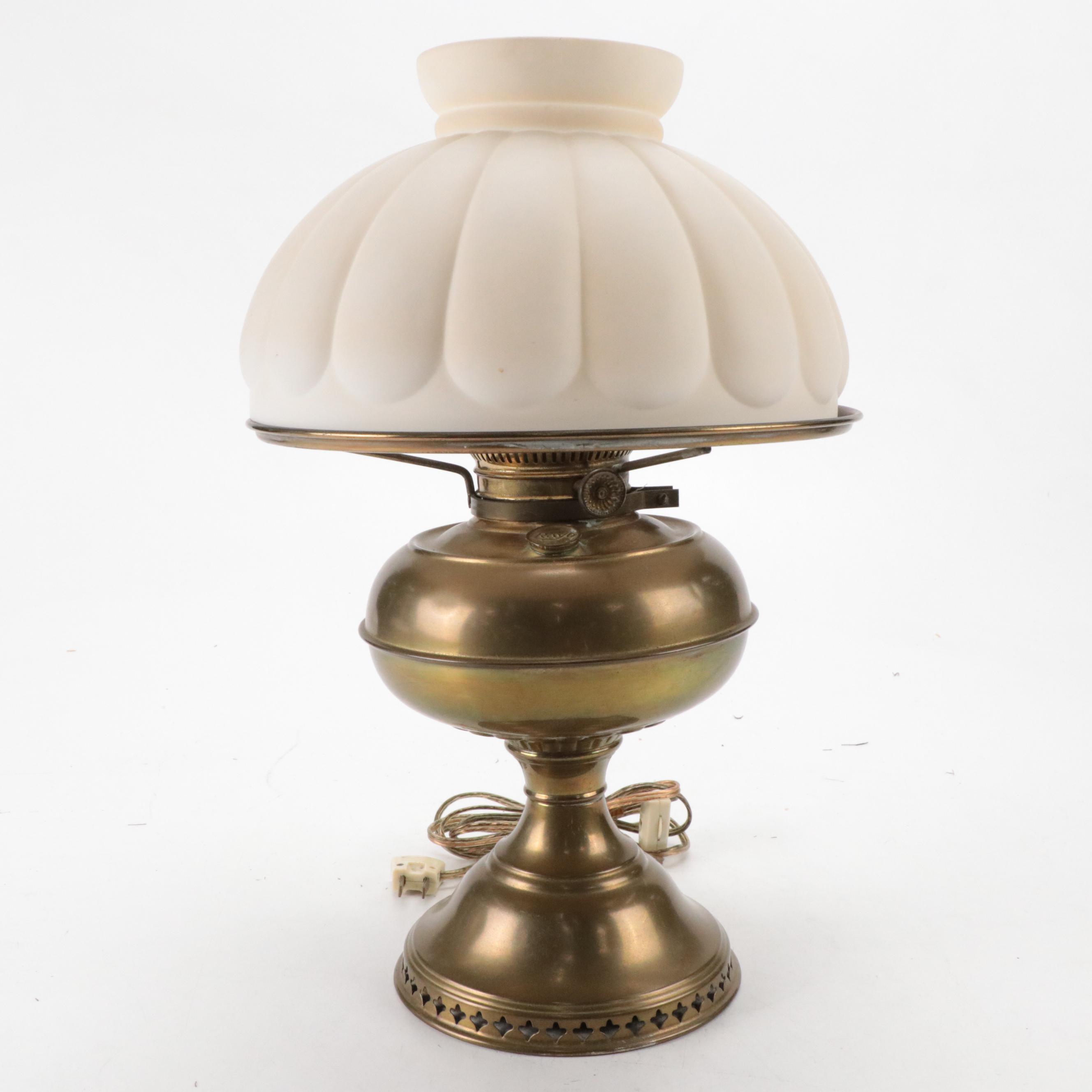 Brass Rayo Oil Lamp with Matte Glass Shade, Adapted Mid to Late 20th Century